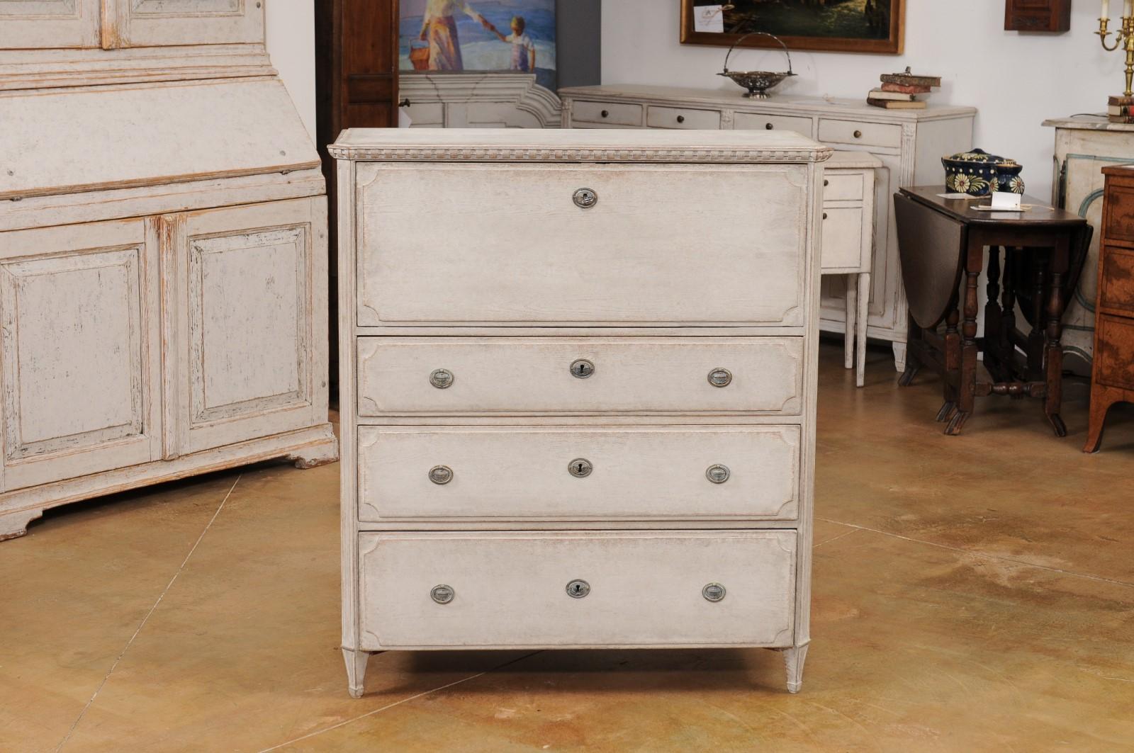 Gustavian Style 1840s Gray Painted Drop Front Secretary with Graduated Drawers For Sale 7