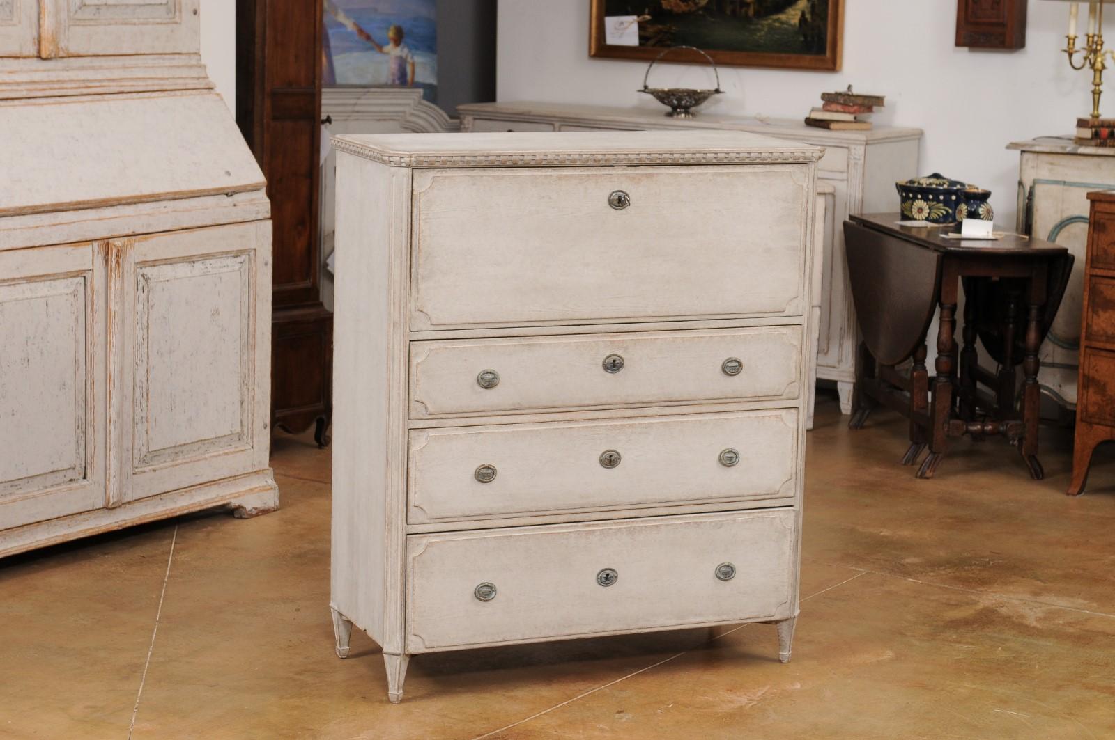 Swedish Gustavian Style 1840s Gray Painted Drop Front Secretary with Graduated Drawers For Sale