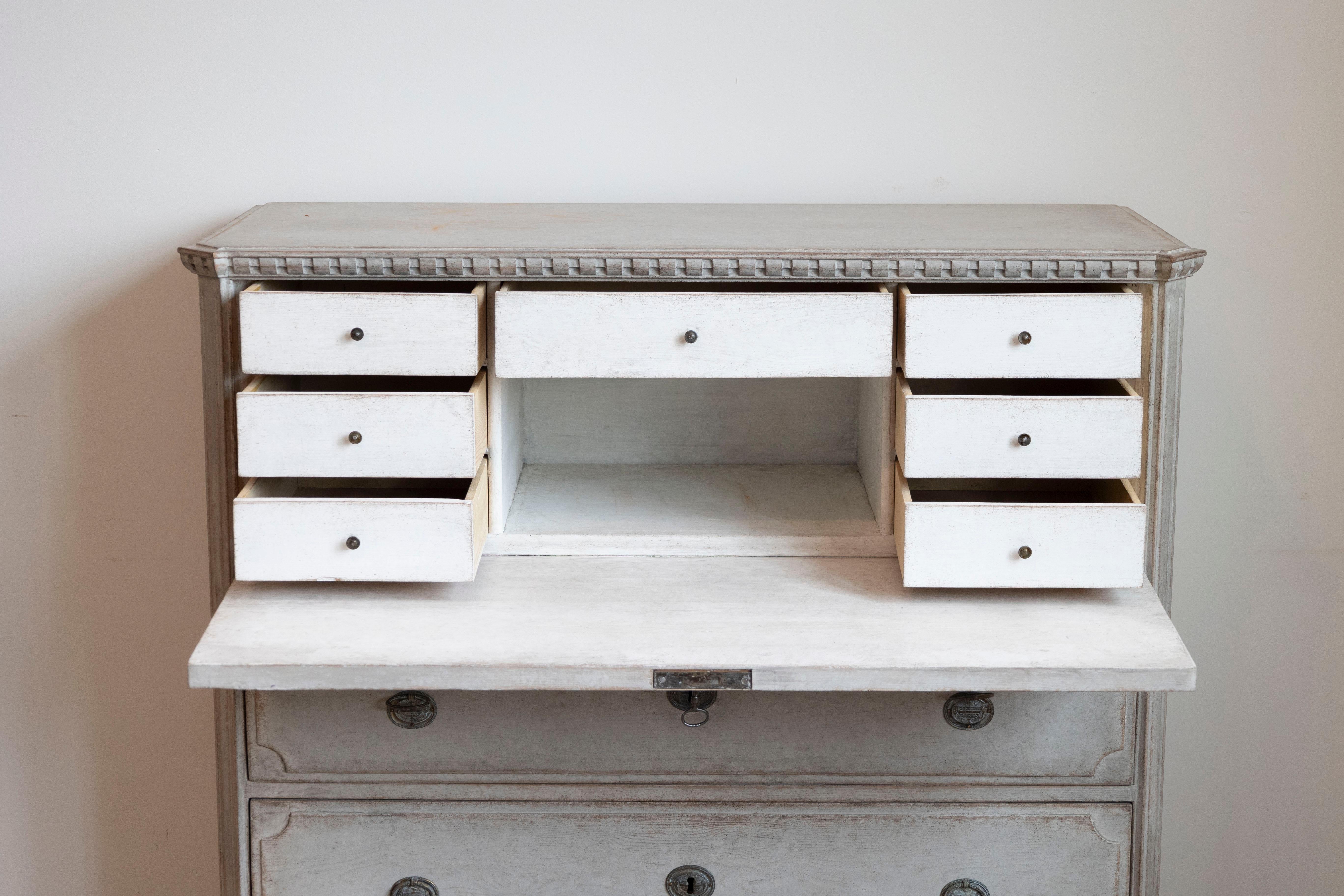 Swedish Gustavian Style 1840s Gray Painted Drop Front Secretary with Graduated Drawers For Sale