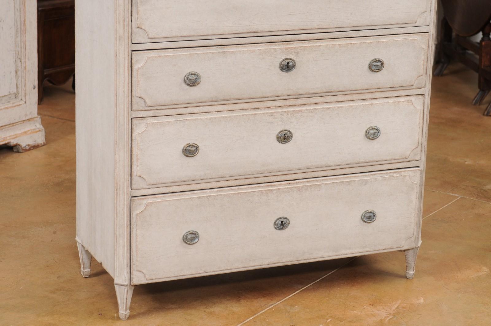 Carved Gustavian Style 1840s Gray Painted Drop Front Secretary with Graduated Drawers For Sale
