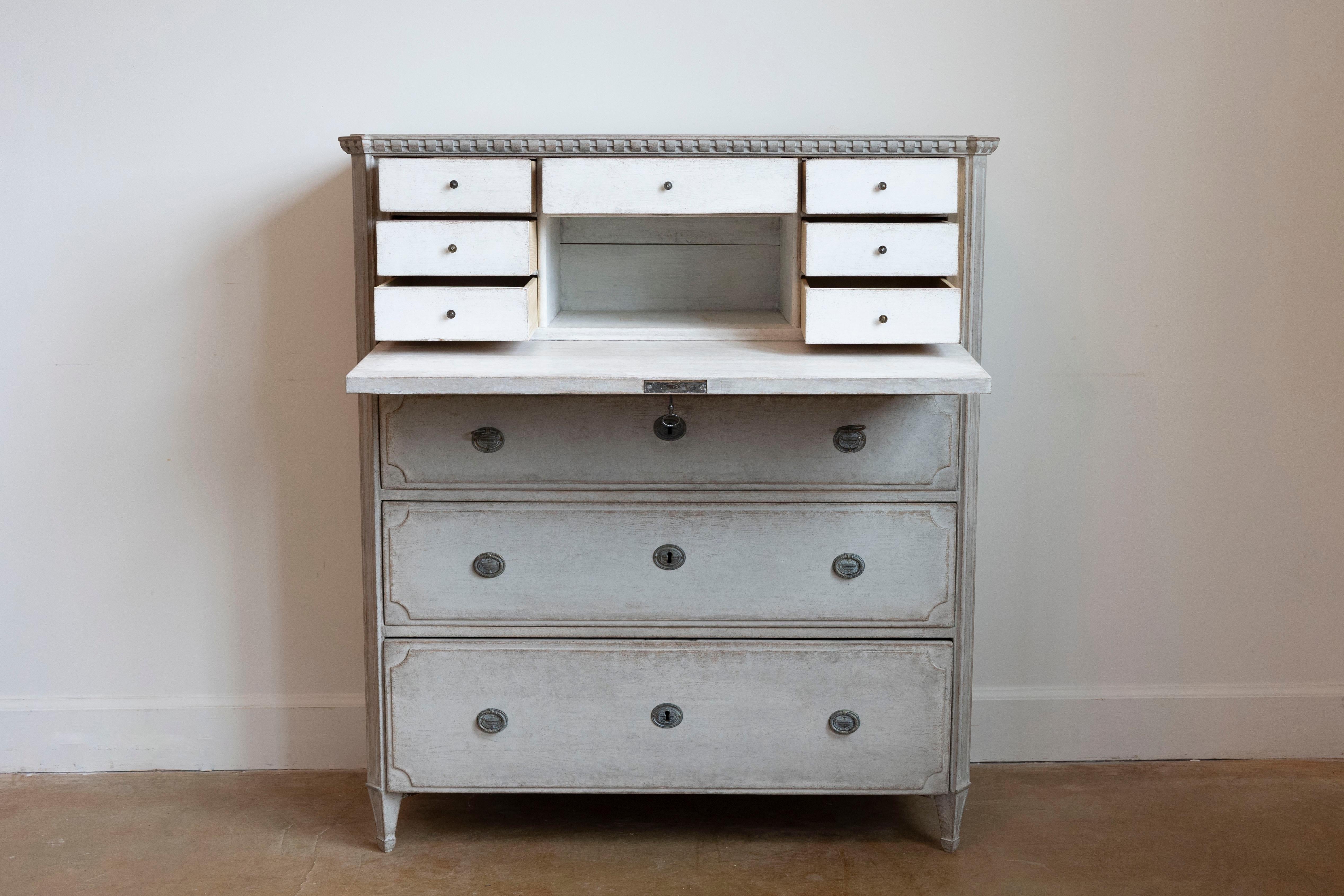 Carved Gustavian Style 1840s Gray Painted Drop Front Secretary with Graduated Drawers For Sale