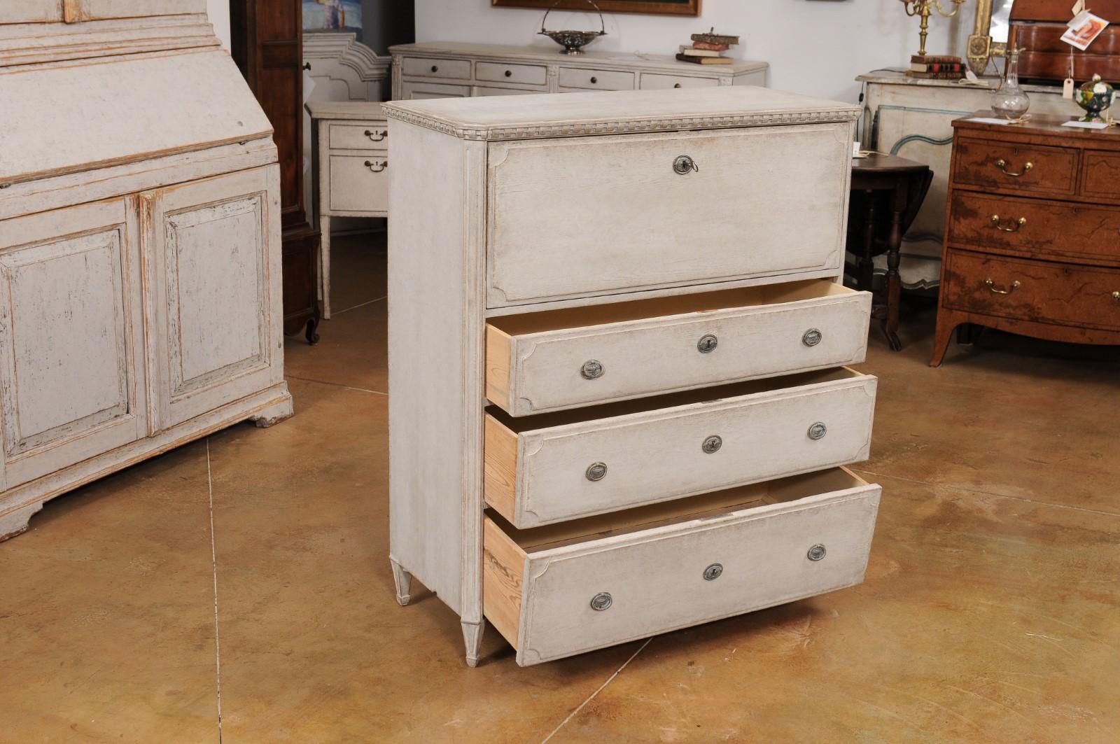 19th Century Gustavian Style 1840s Gray Painted Drop Front Secretary with Graduated Drawers For Sale