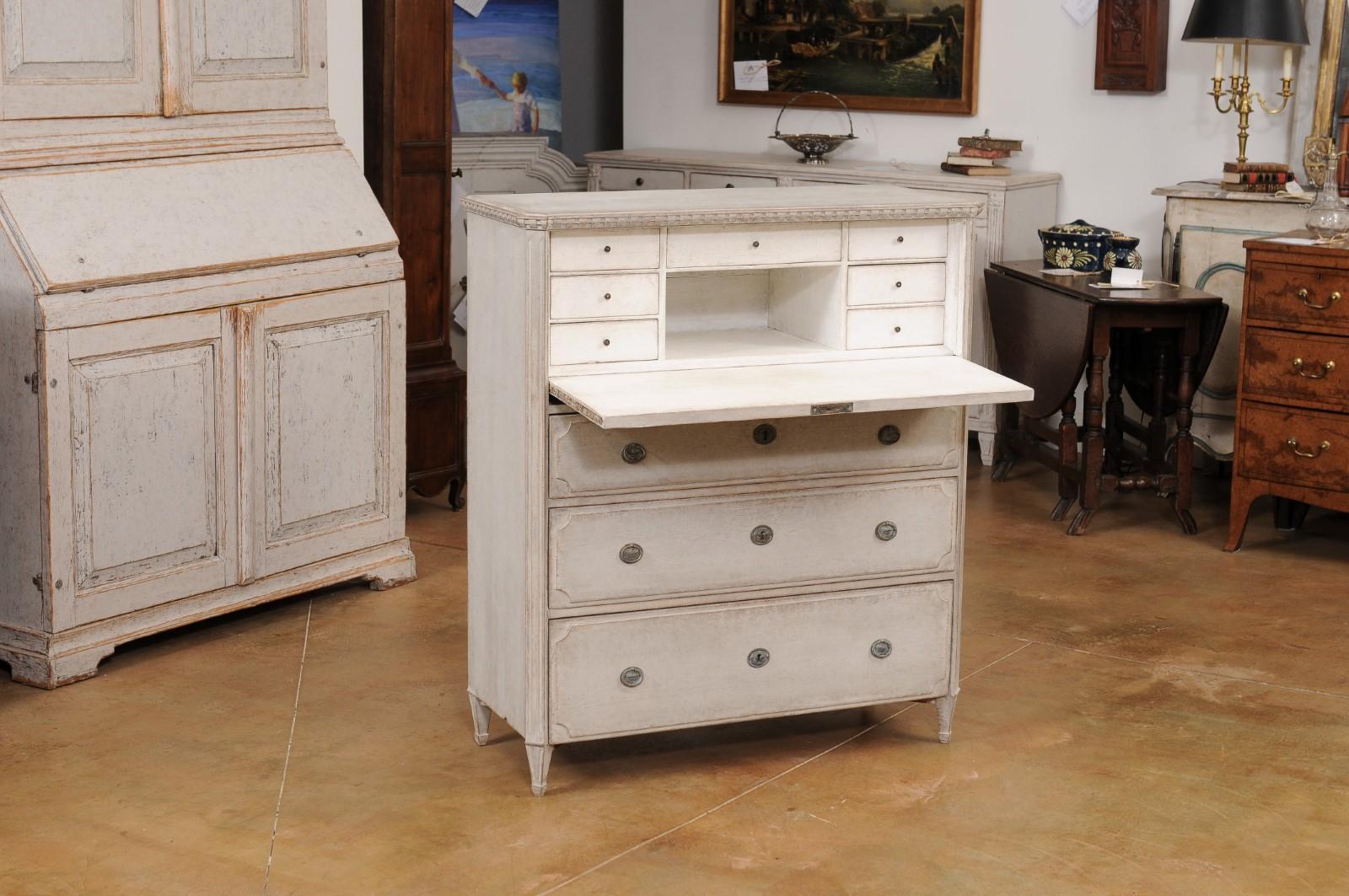 Wood Gustavian Style 1840s Gray Painted Drop Front Secretary with Graduated Drawers For Sale