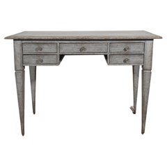 Gustavian Style 1870s Swedish Gray Painted Desk, Fluted Drawers and Tapered Legs