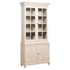 Vintage Gustavian Style 1880s Light Gray Painted Vitrine Cabinet with Glass Doors
