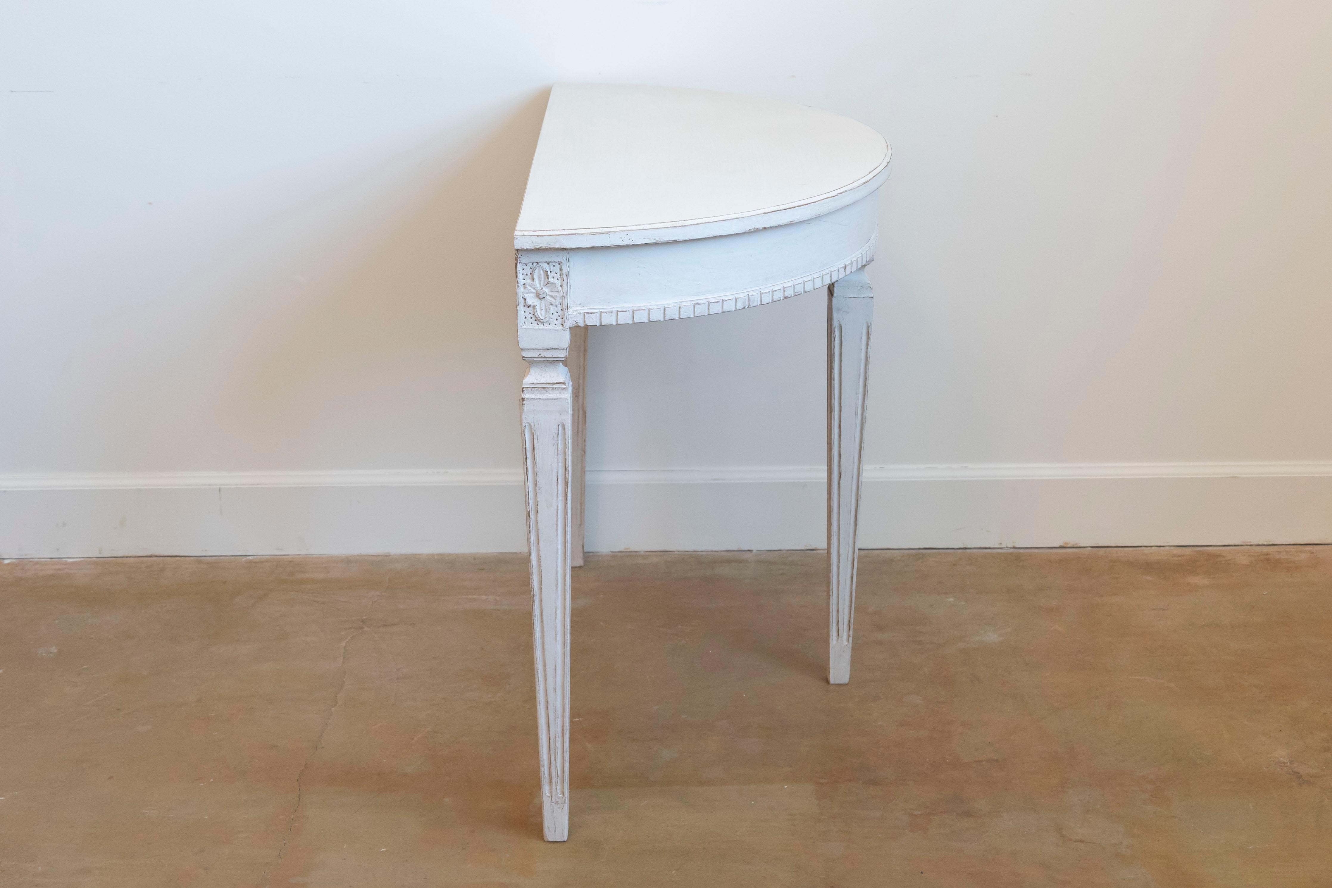 19th Century Gustavian Style 1880s Swedish Light Gray Painted Demilune Console Table