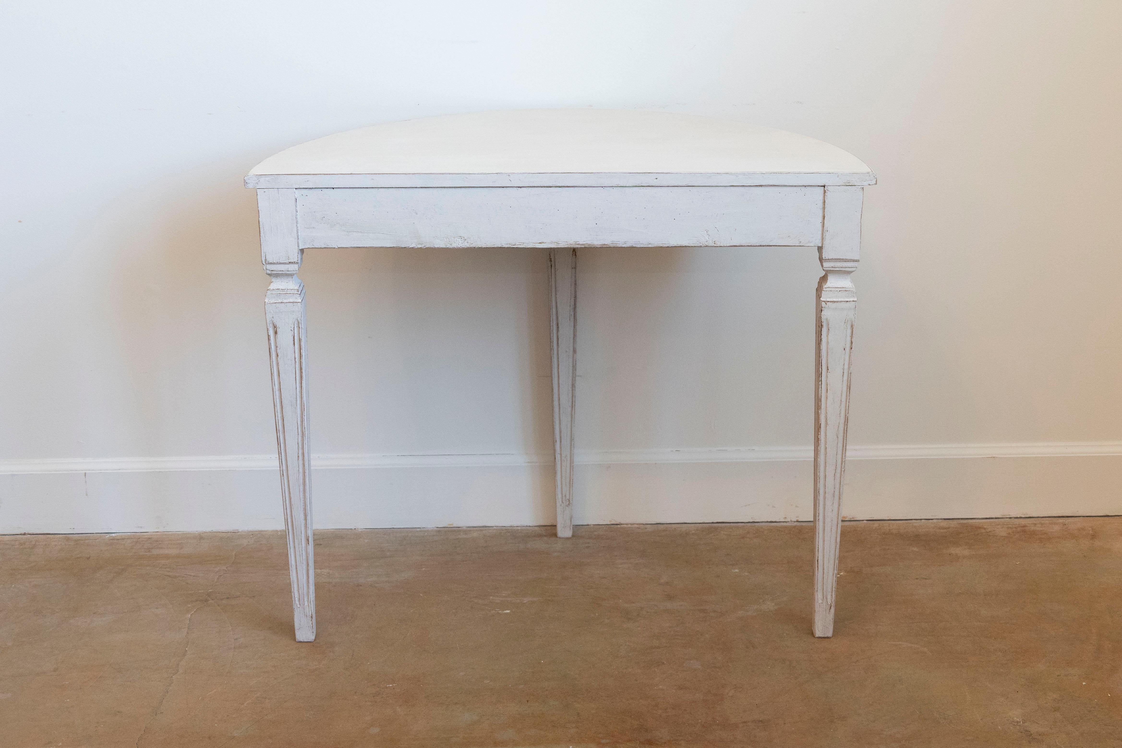 Wood Gustavian Style 1880s Swedish Light Gray Painted Demilune Console Table