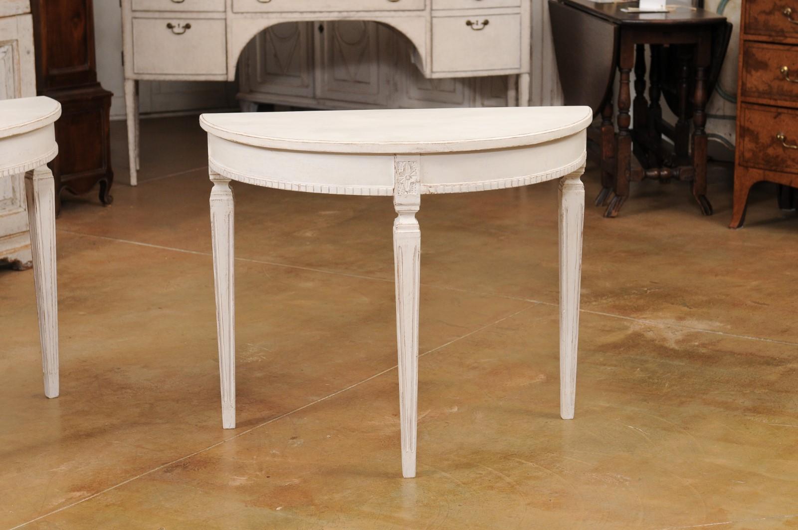 Gustavian Style 1880s Swedish Light Gray Painted Demilune Console Table In Good Condition For Sale In Atlanta, GA