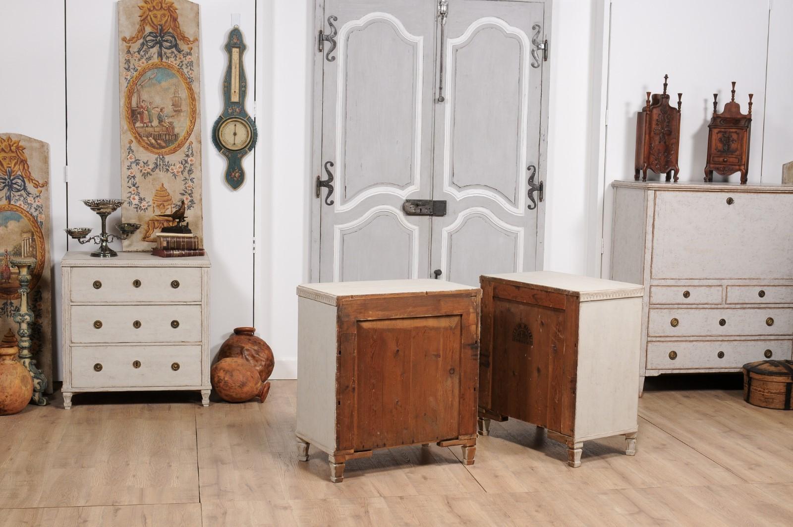 Gustavian Style 1880s Swedish Painted Three-Drawer Chests with Carved Friezes 5