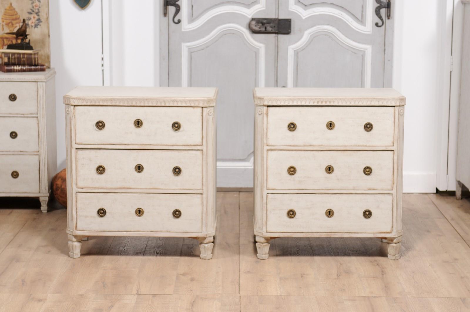 19th Century Gustavian Style 1880s Swedish Painted Three-Drawer Chests with Carved Friezes