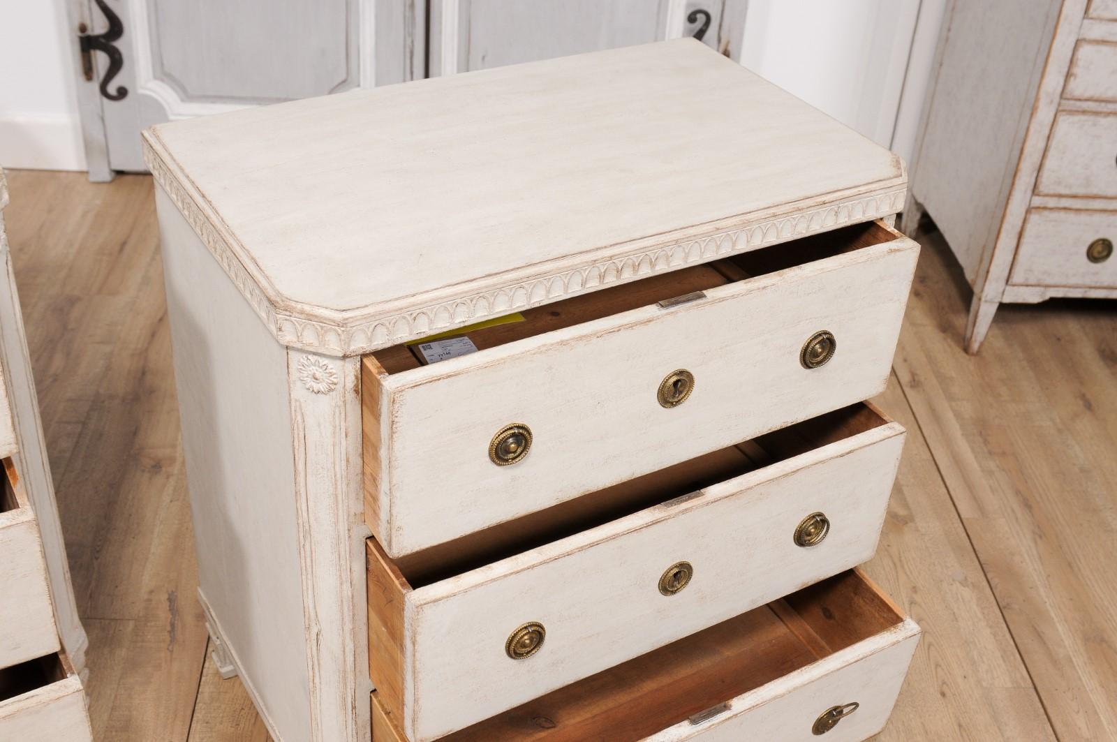 Gustavian Style 1880s Swedish Painted Three-Drawer Chests with Carved Friezes 2