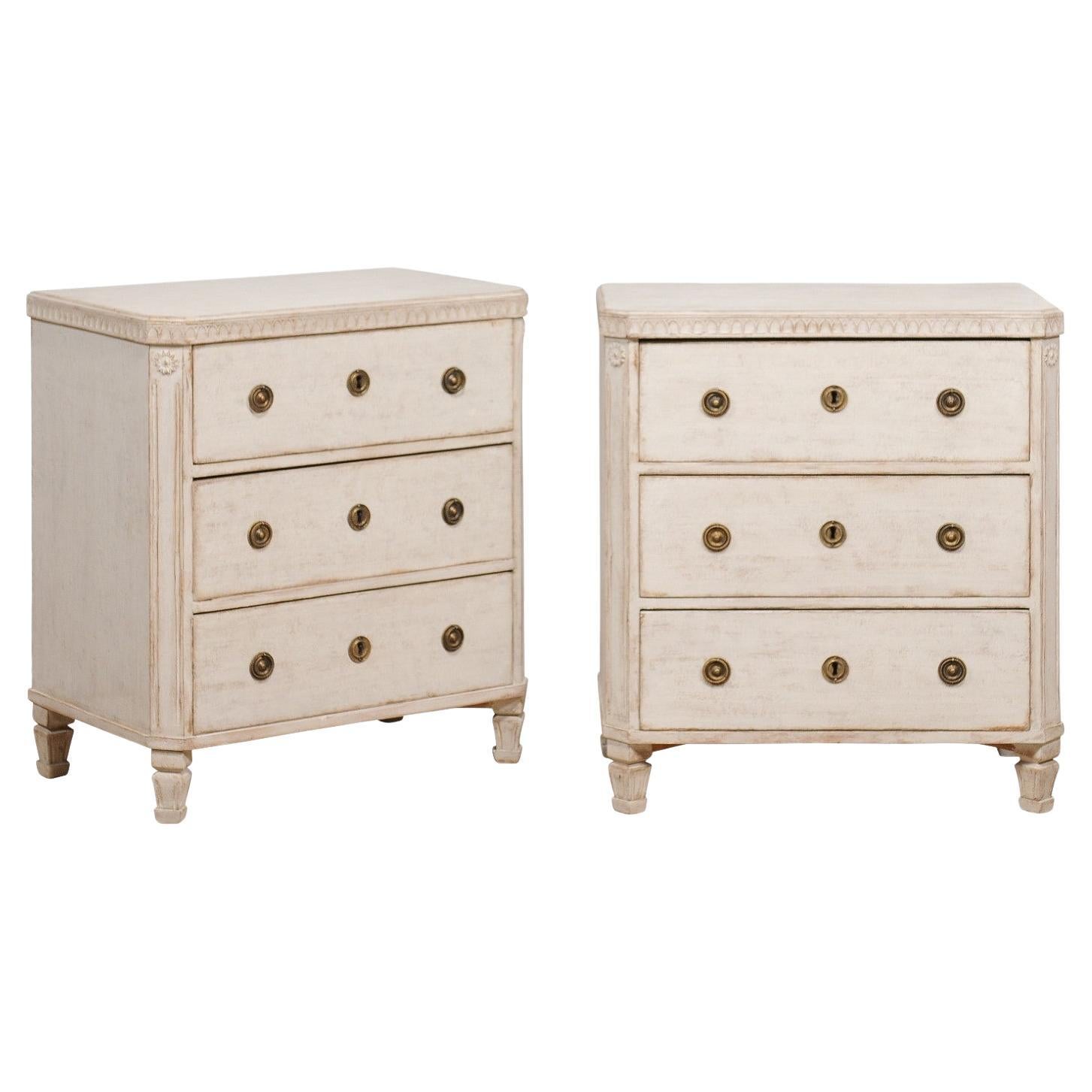 Gustavian Style 1880s Swedish Painted Three-Drawer Chests with Carved Friezes