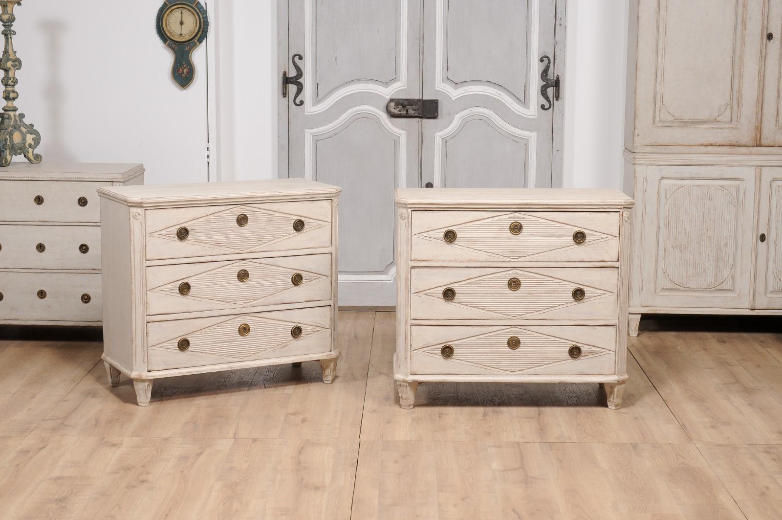 Swedish Gustavian Style 19th Century Painted Chests with Carved Diamond Motifs, a Pair For Sale
