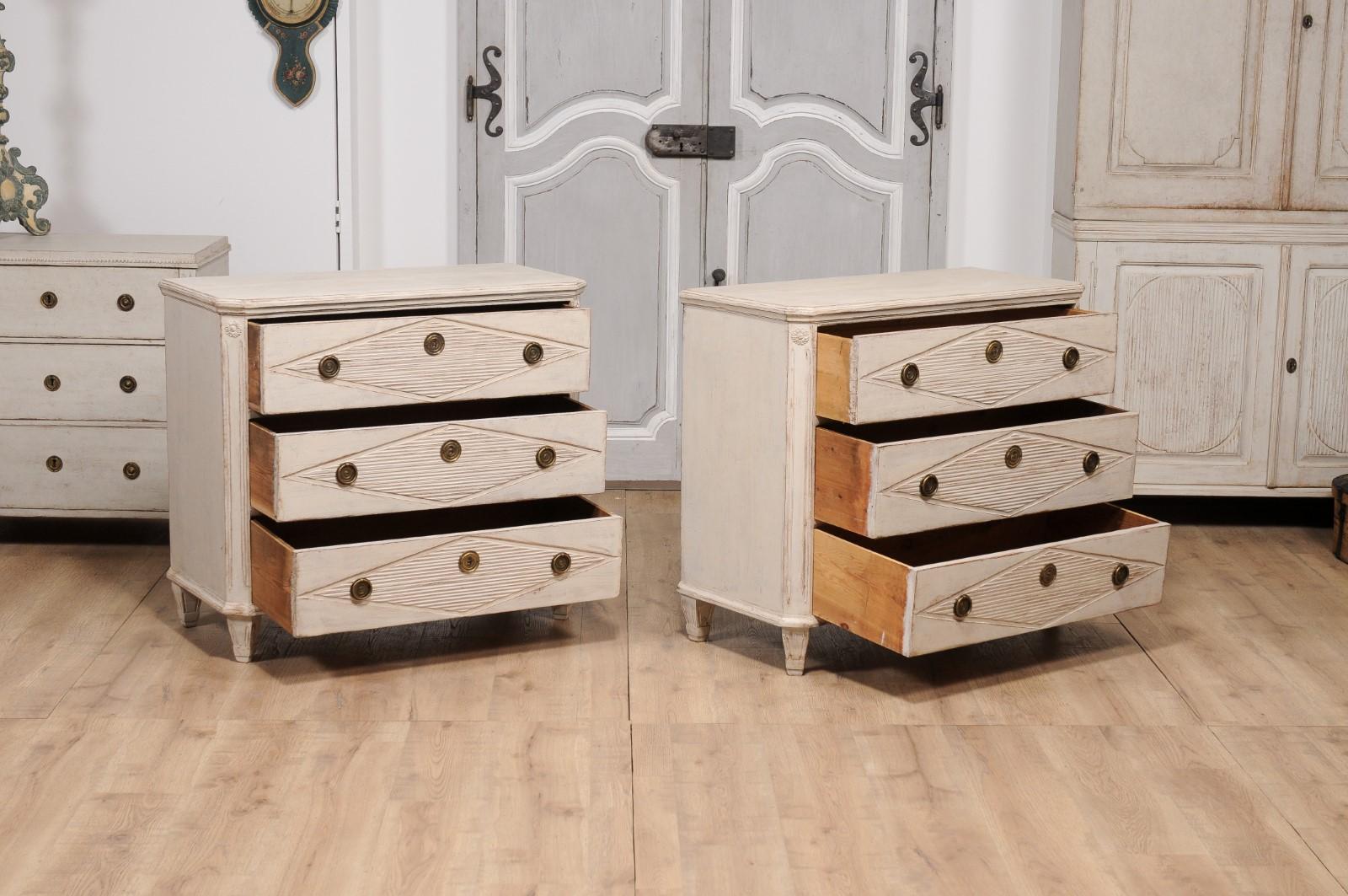 Brass Gustavian Style 19th Century Painted Chests with Carved Diamond Motifs, a Pair For Sale