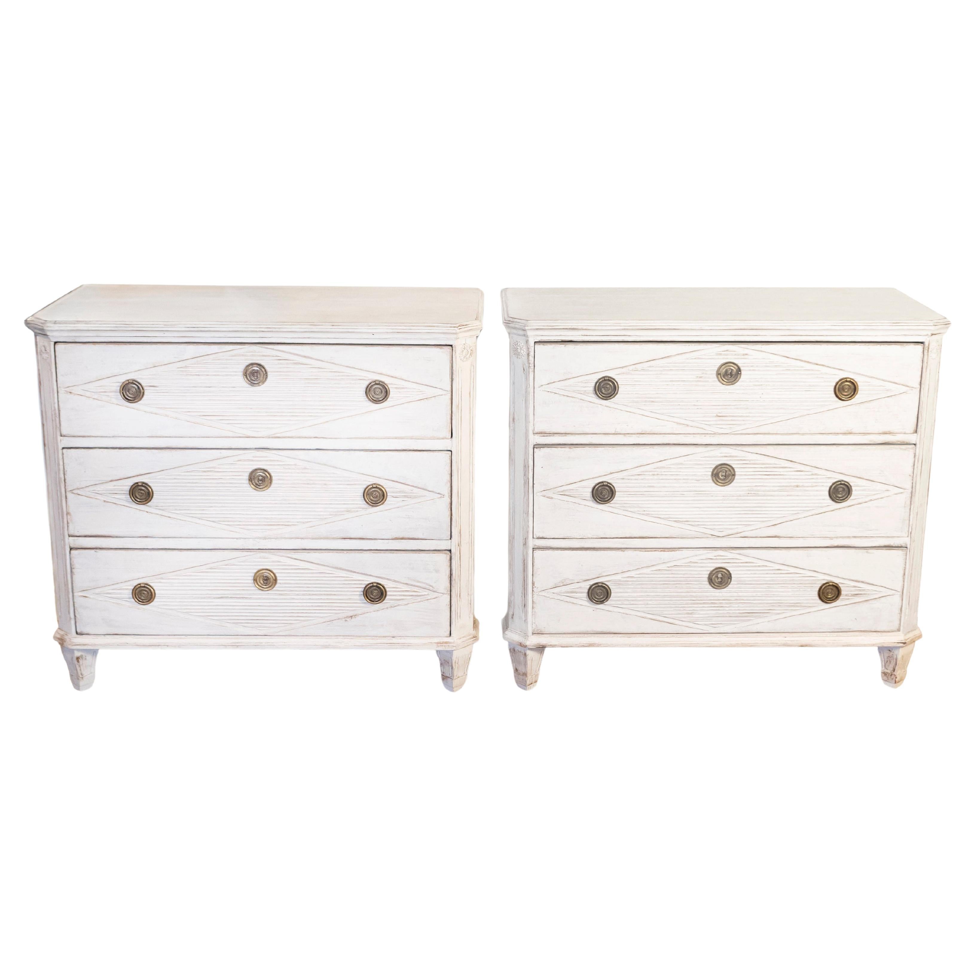 Gustavian Style 19th Century Painted Chests with Carved Diamond Motifs, a Pair