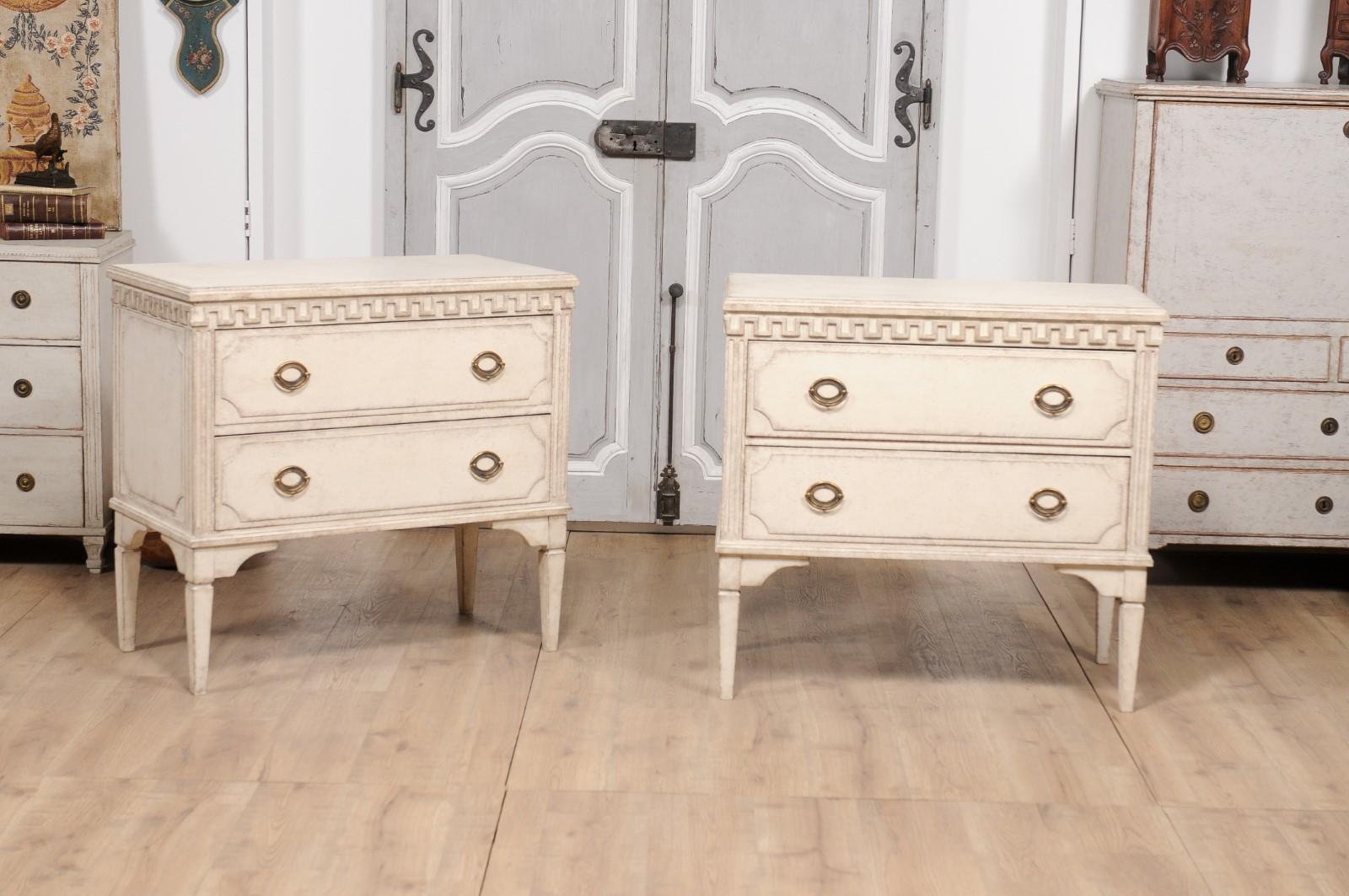 Gustavian Style 19th Century Painted Swedish Chests with Carved Greek Key Frieze In Good Condition For Sale In Atlanta, GA