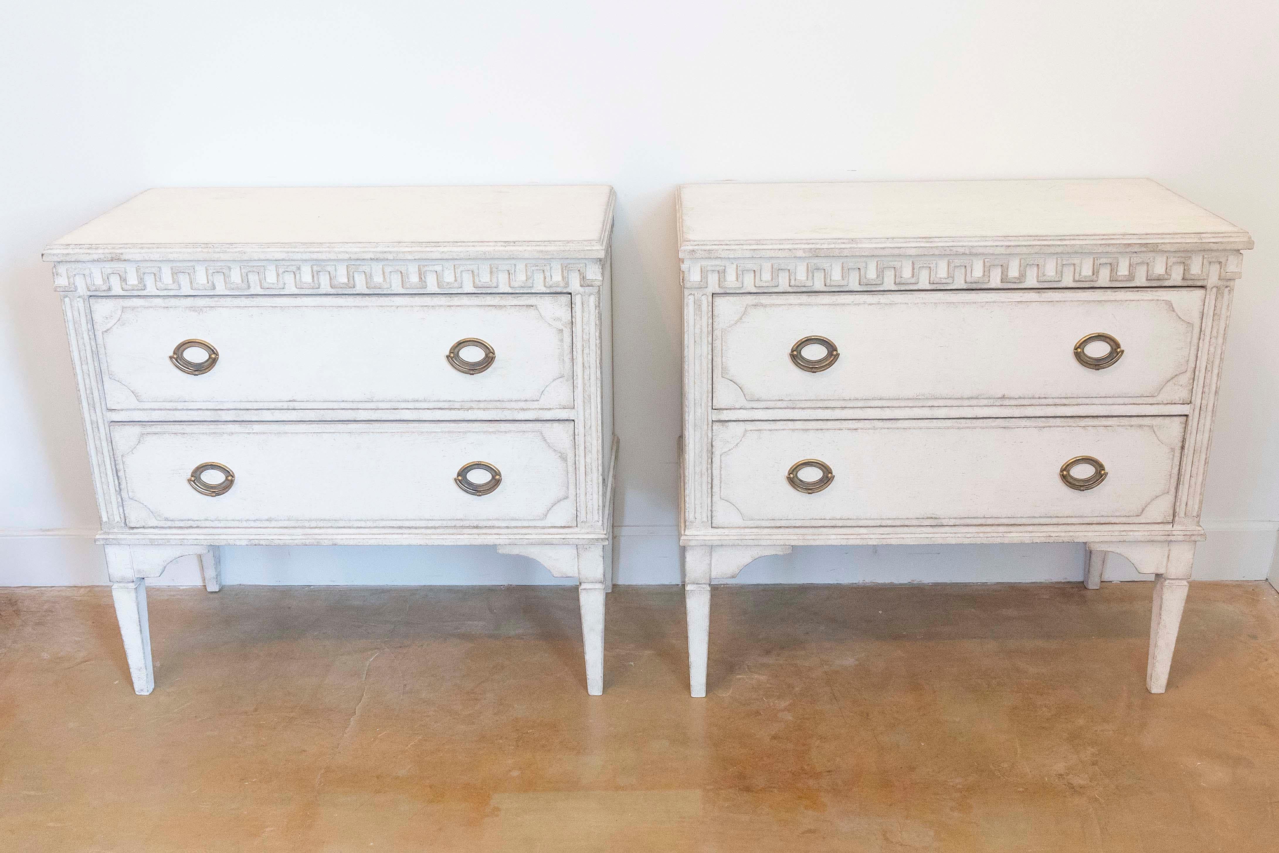 Gustavian Style 19th Century Painted Swedish Chests with Carved Greek Key Frieze In Good Condition For Sale In Atlanta, GA