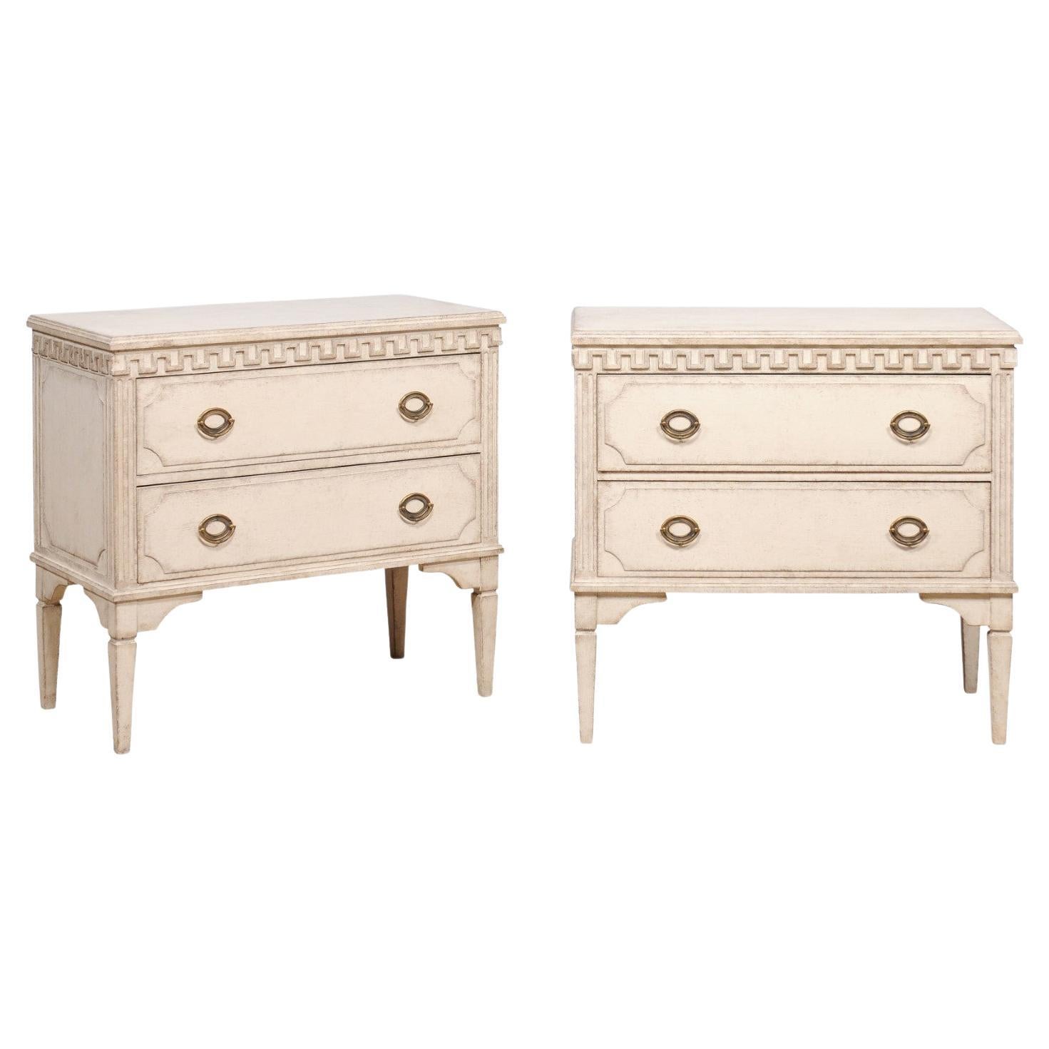 Gustavian Style 19th Century Painted Swedish Chests with Carved Greek Key Frieze For Sale