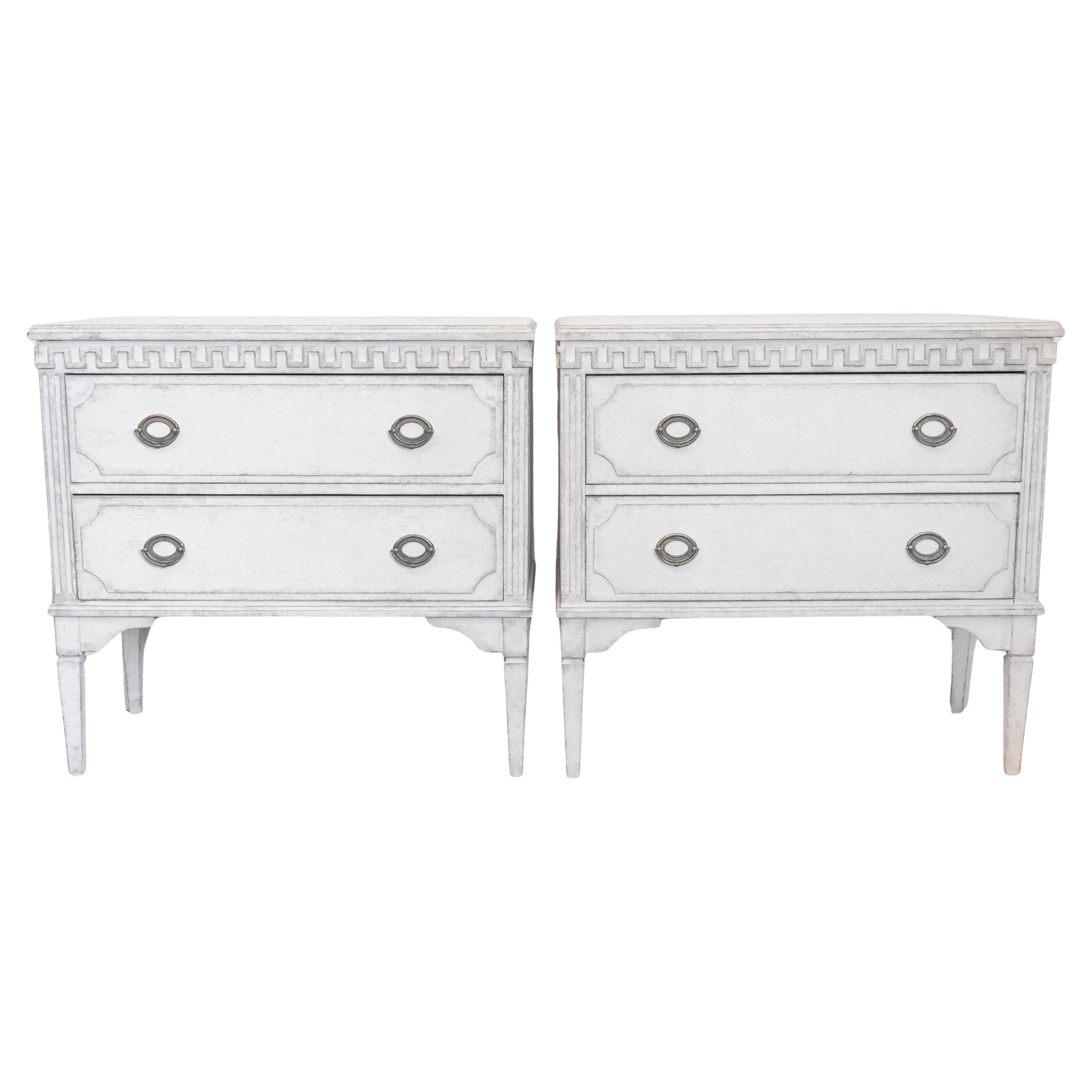 Gustavian Style 19th Century Painted Swedish Chests with Carved Greek Key Frieze For Sale