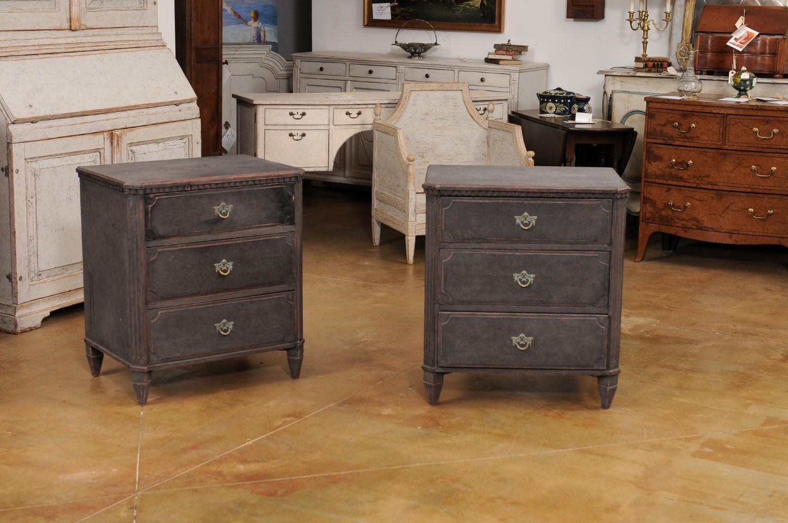 Carved Gustavian Style 19th Century Swedish Charcoal Painted Three-Drawer Chests