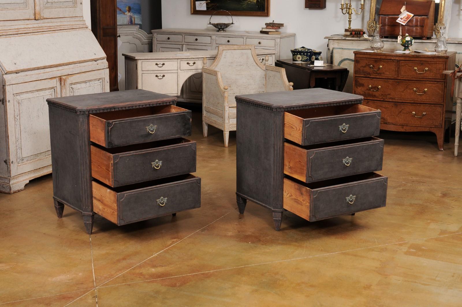 Gustavian Style 19th Century Swedish Charcoal Painted Three-Drawer Chests In Good Condition In Atlanta, GA