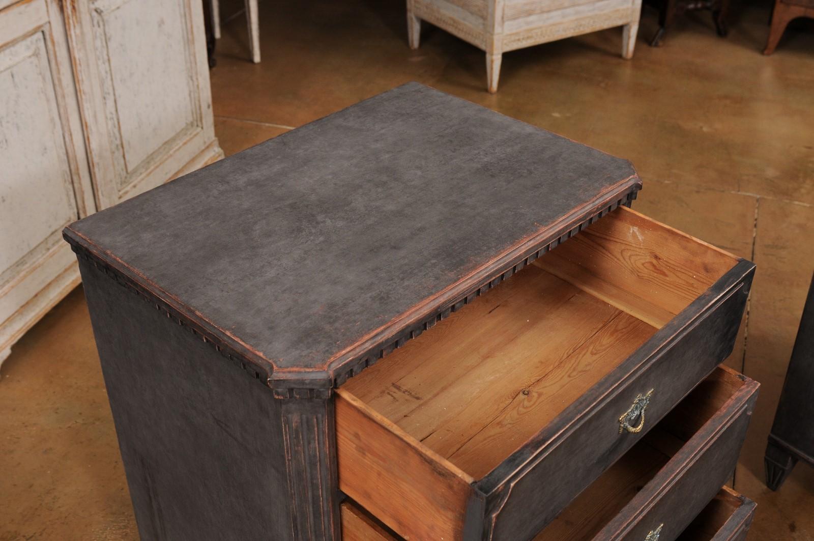 Wood Gustavian Style 19th Century Swedish Charcoal Painted Three-Drawer Chests
