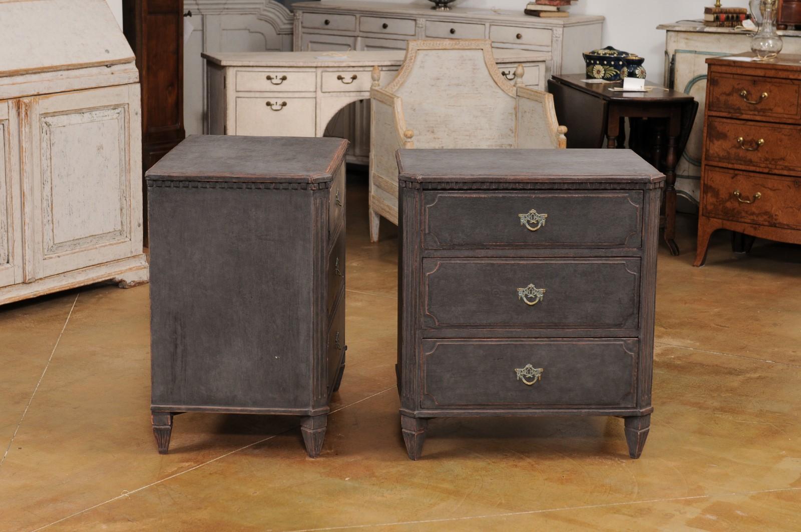 Gustavian Style 19th Century Swedish Charcoal Painted Three-Drawer Chests 2