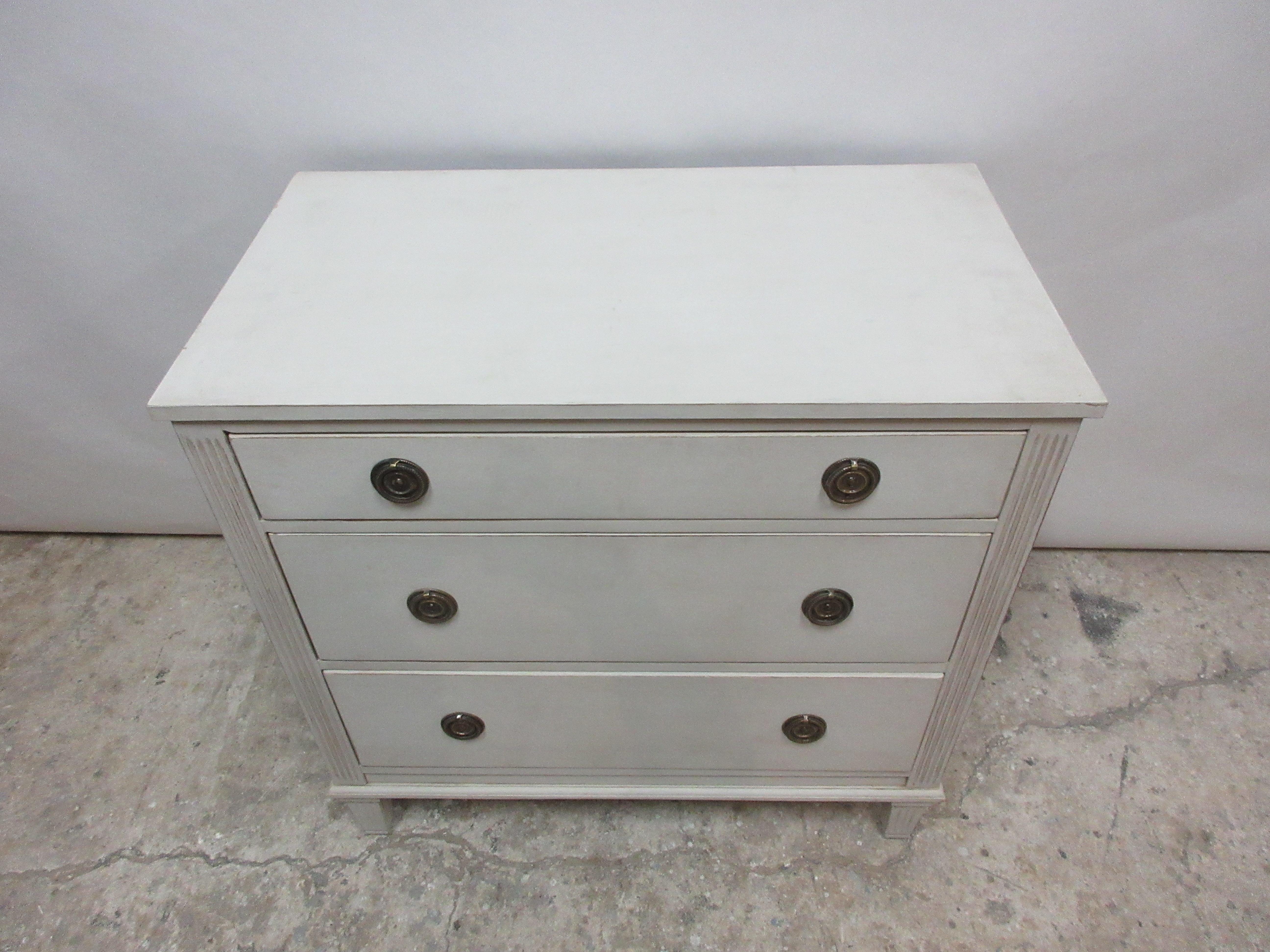 This is a Gustavian style 3-drawer chest, it has been restored and repainted with milk paints 