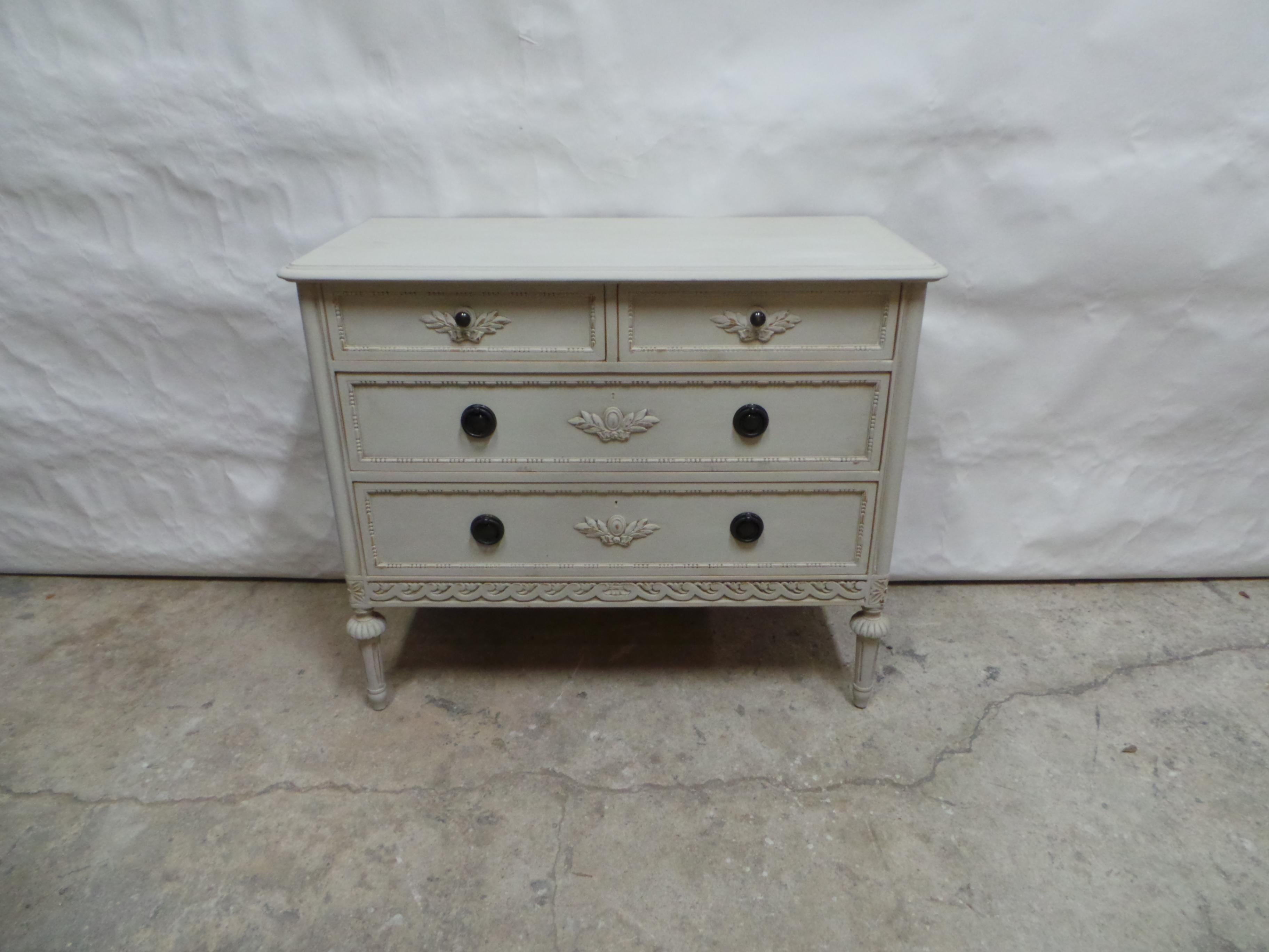 This is a unique Gustavian Style 3 Drawer Chest. its been restored and repainted with Milk Paints 