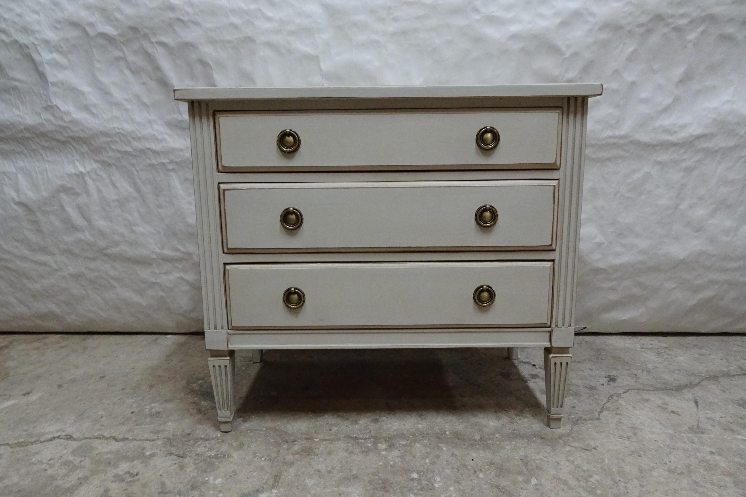 This is a Gustavian Style 3 Drawer Chest Of Drawers. its been restored and repainted with Milk paints 
