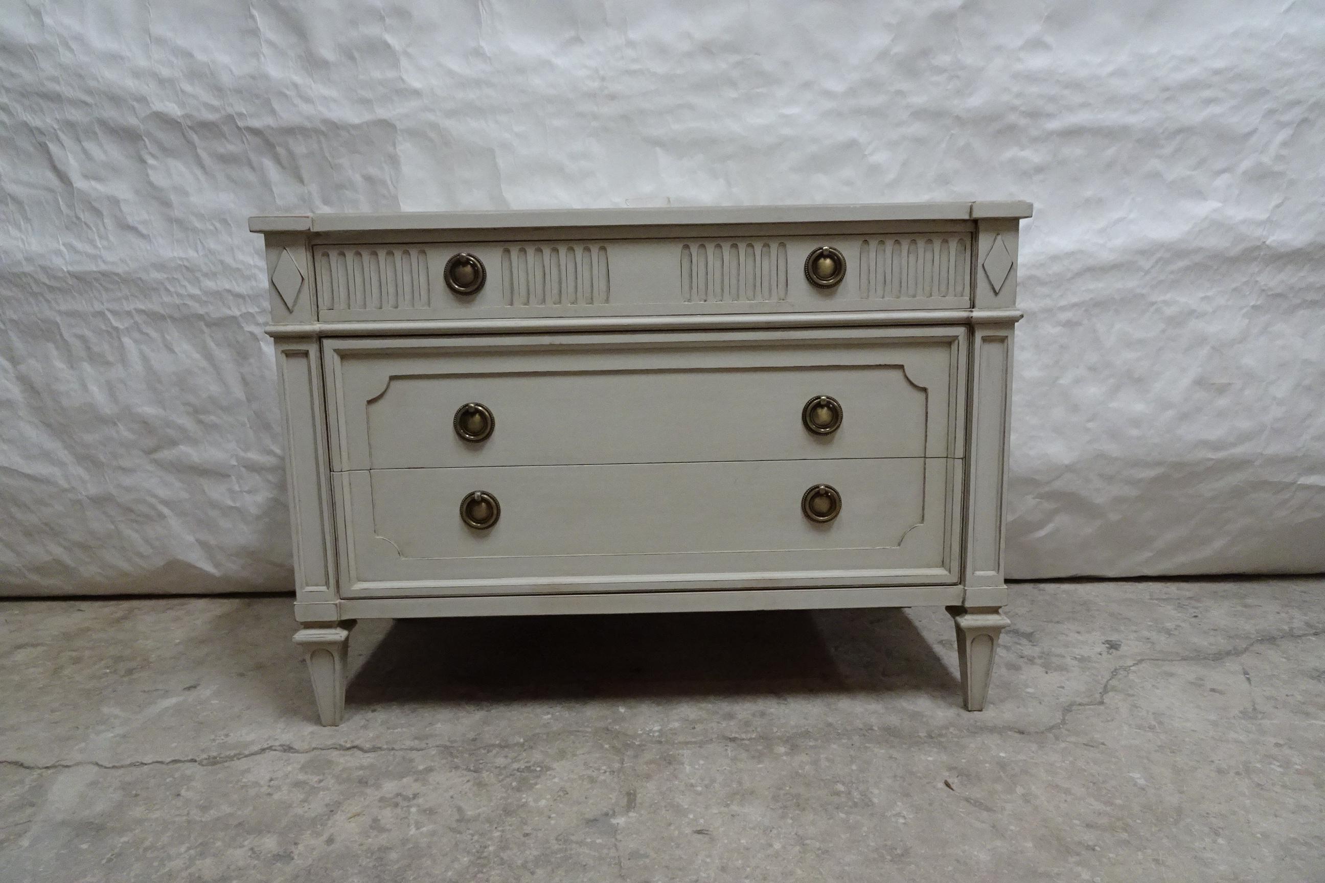 This is a unique Gustavian Style 3 Drawer Chest Of Drawers .  its been restored and repainted with Milk Paints 