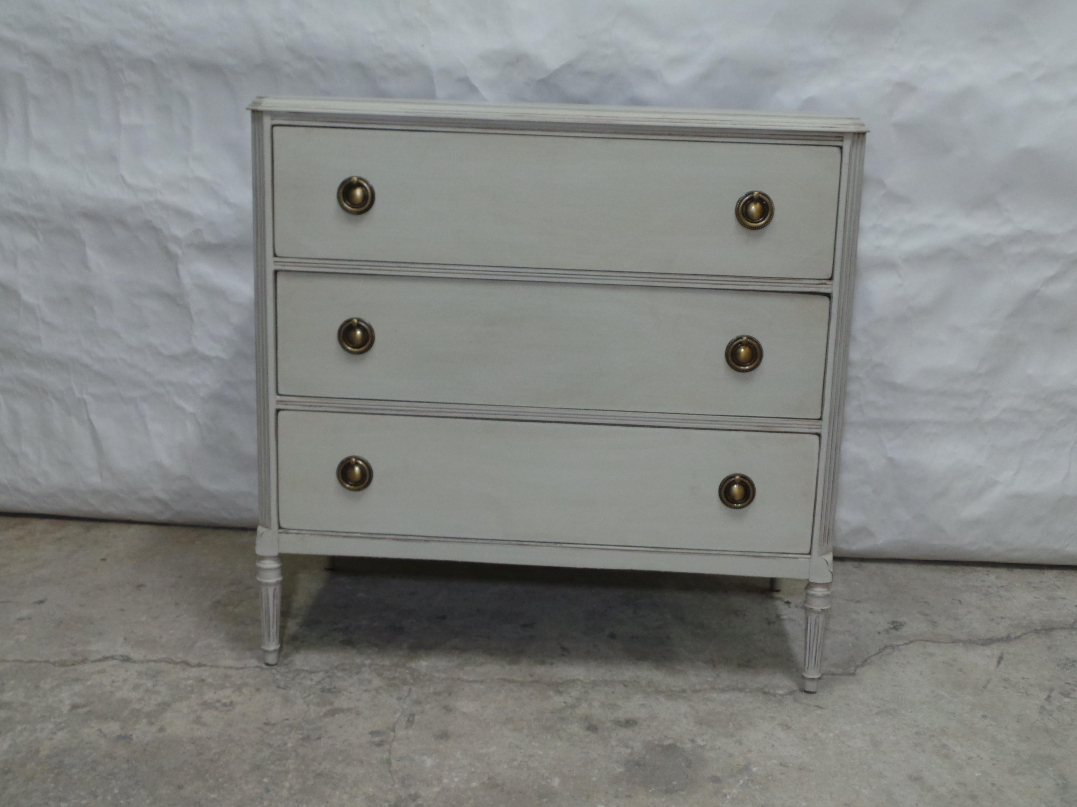 This is a Gustavian Style 3 Drawer Chest Of Drawers. its been restored and repainted with Milk Paints 