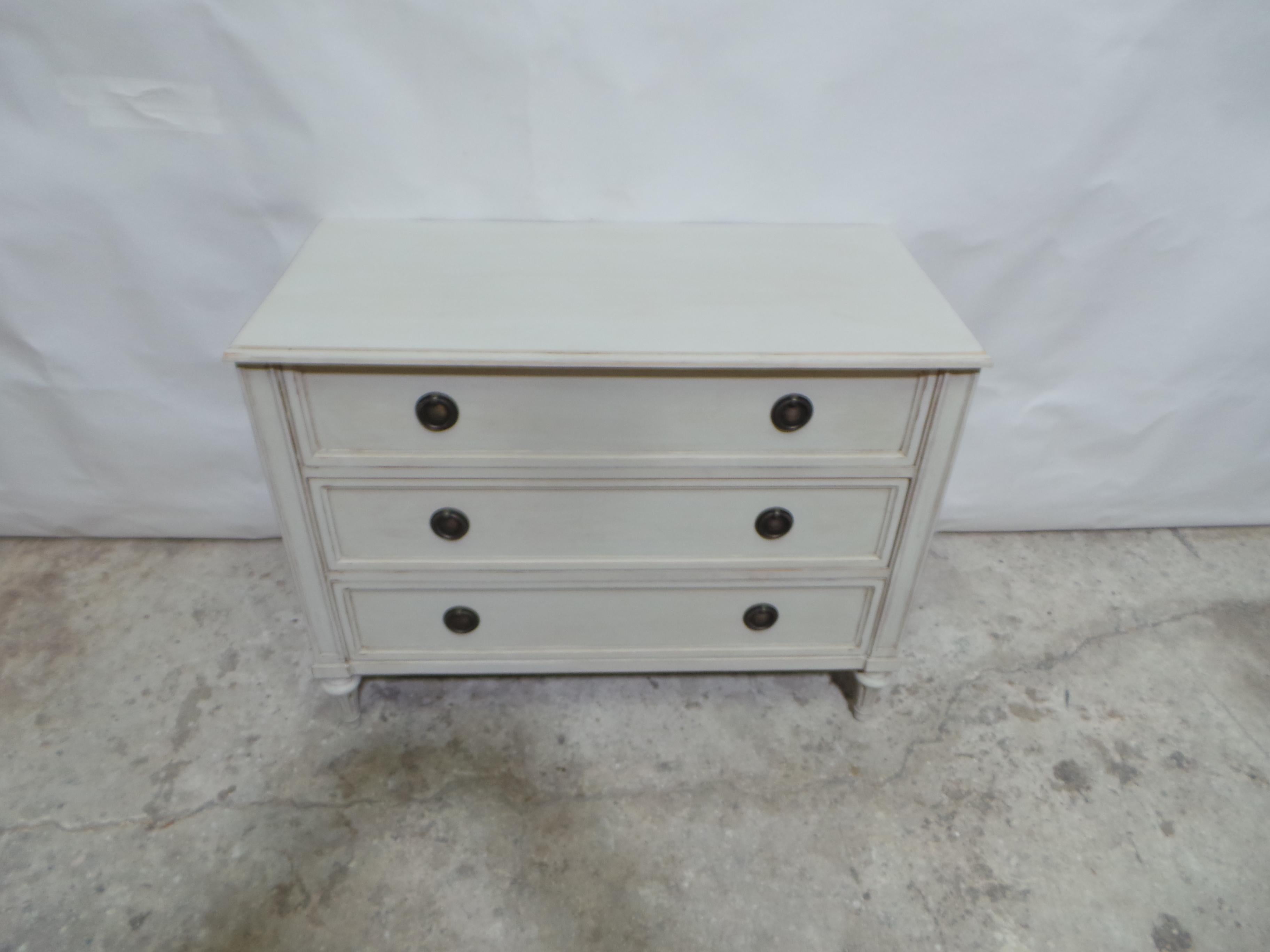 This is a very unique Gustavian Style 3 Drawer Chest Of Drawers. its been restored and repainted with Milk Pants 