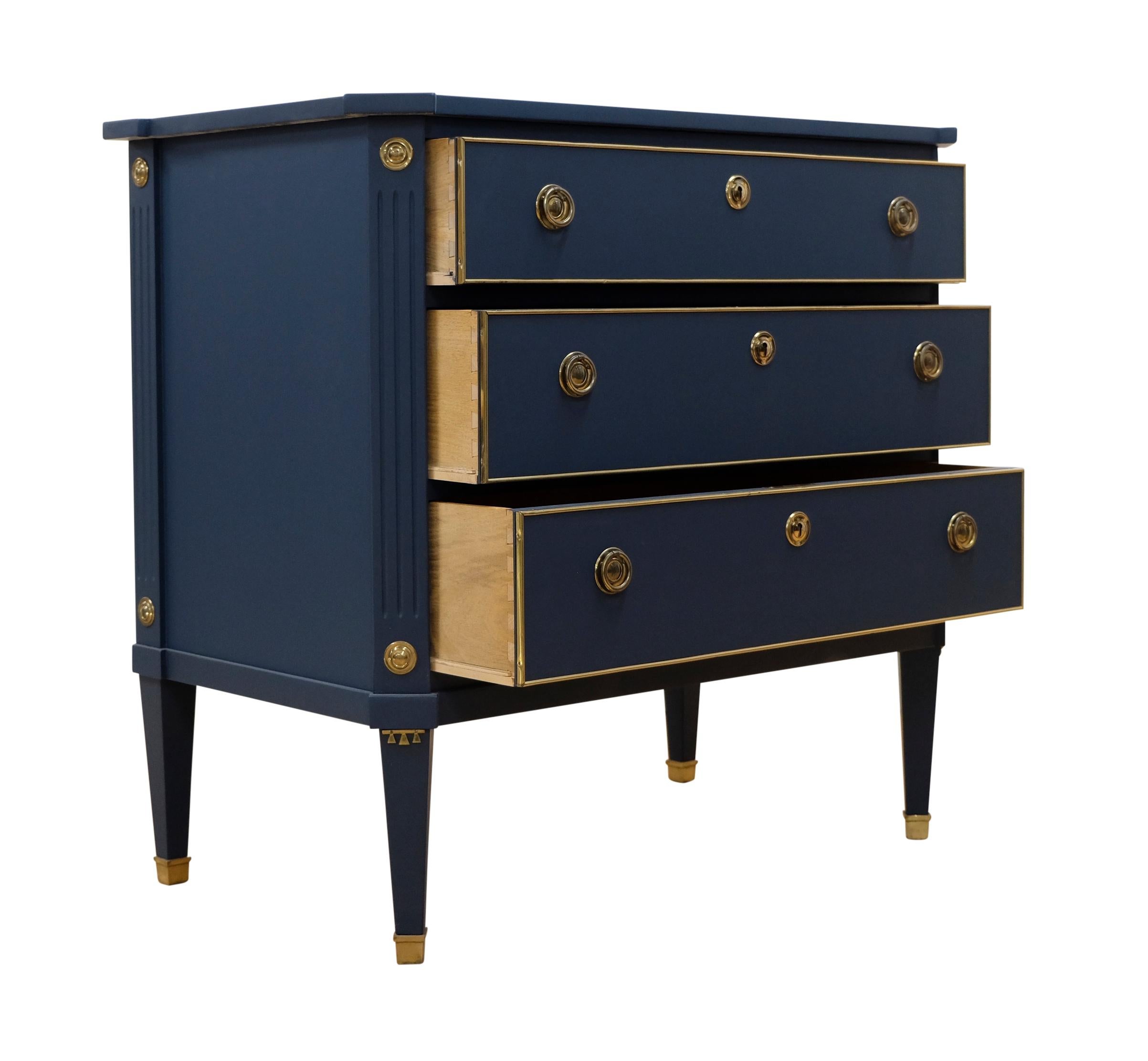 European Gustavian Style 3 Drawer Chest Painted  Mifnight Blue For Sale