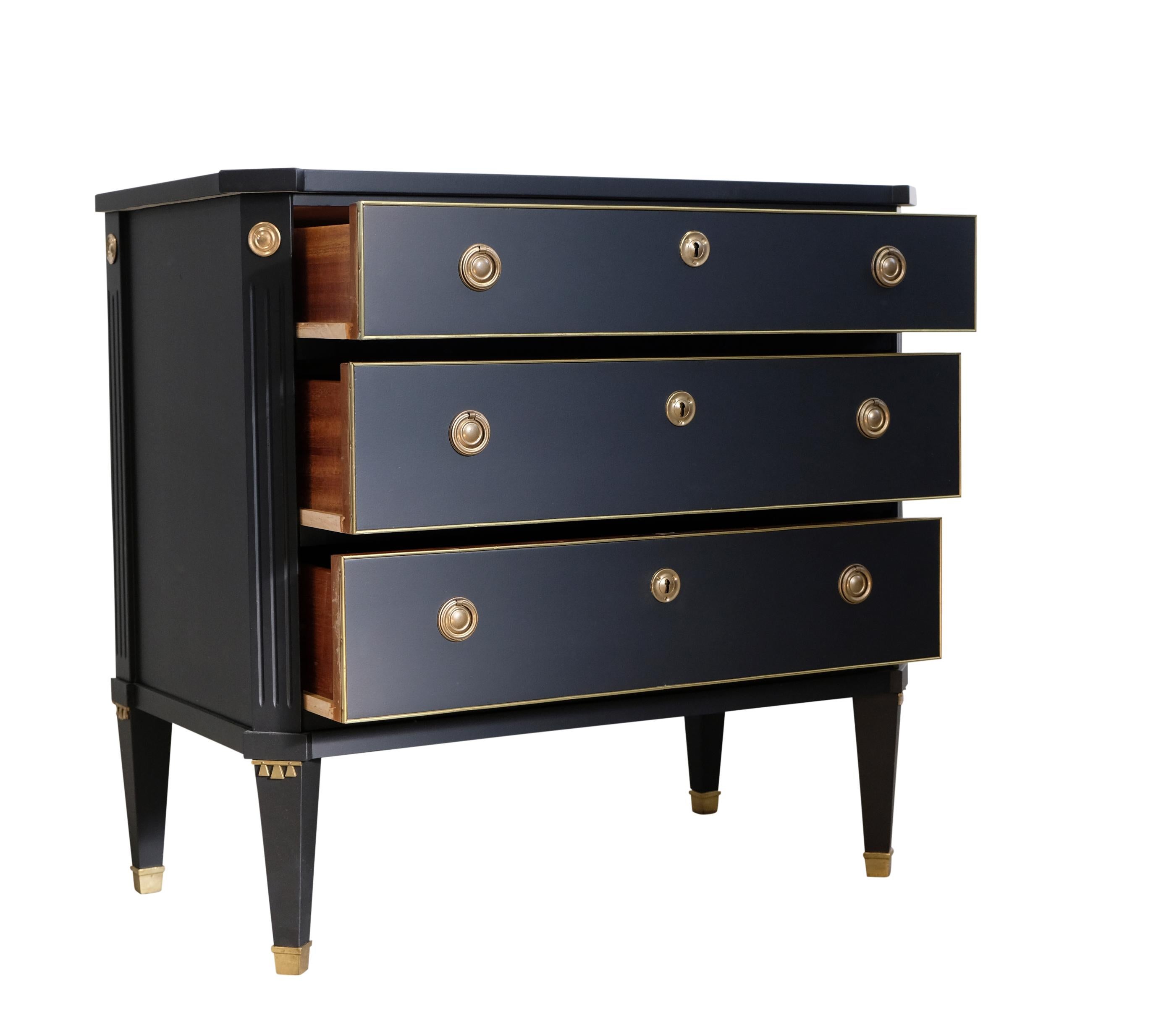 European Gustavian Style 3 Drawer Chest Painted  Super finish Black For Sale