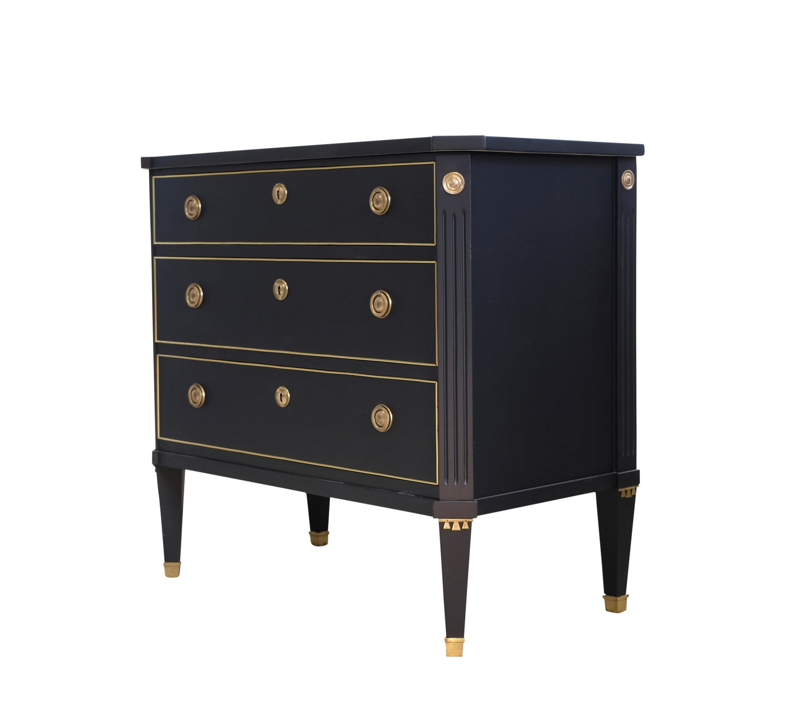 Gustavian Style 3 Drawer Chest Painted  Super finish Black In Good Condition For Sale In Crowthorne, Surrey