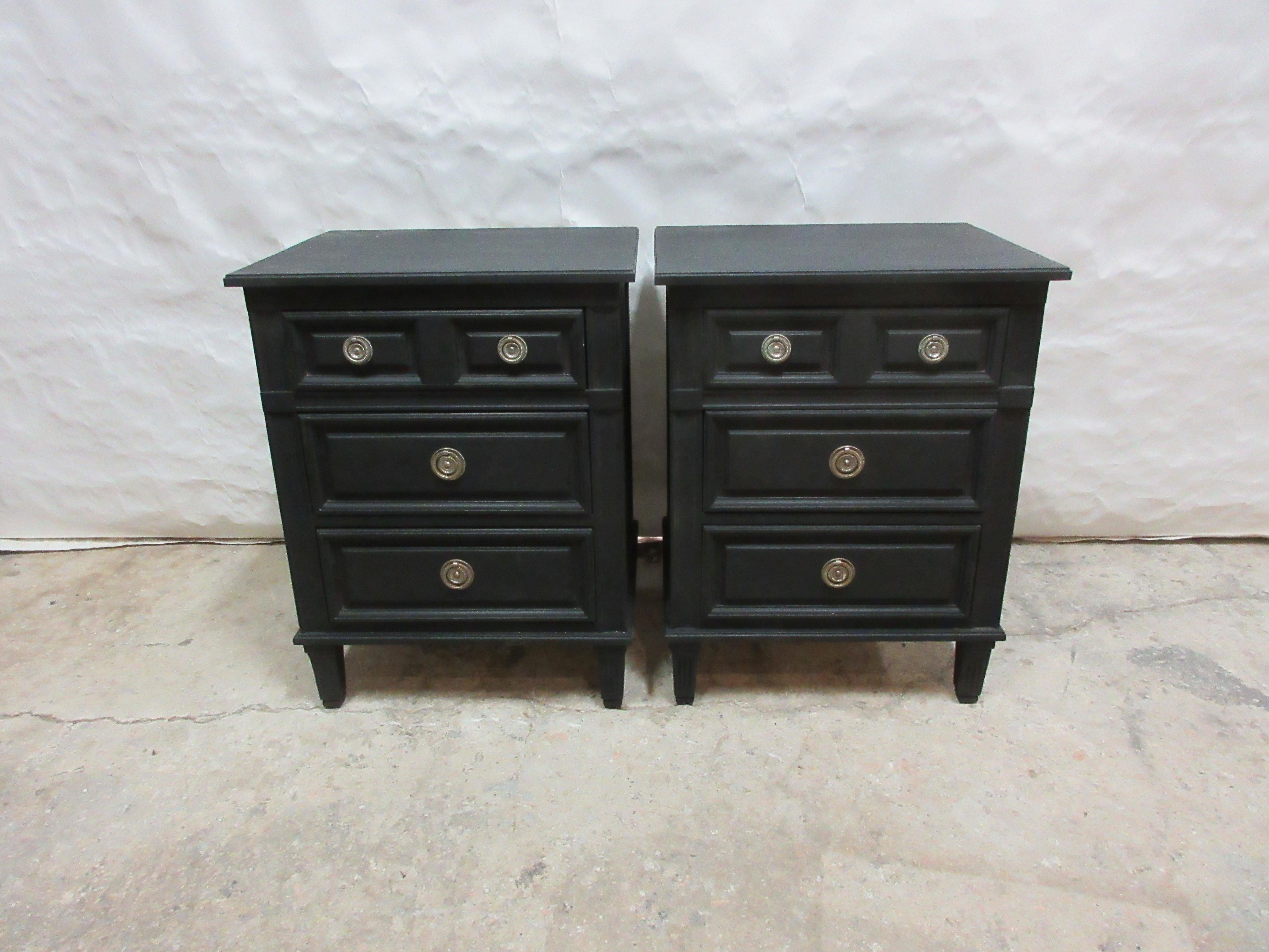 This is a set of Gustavian style 3 drawer nightStands. They have been restored and repainted with milk paints midnight black.