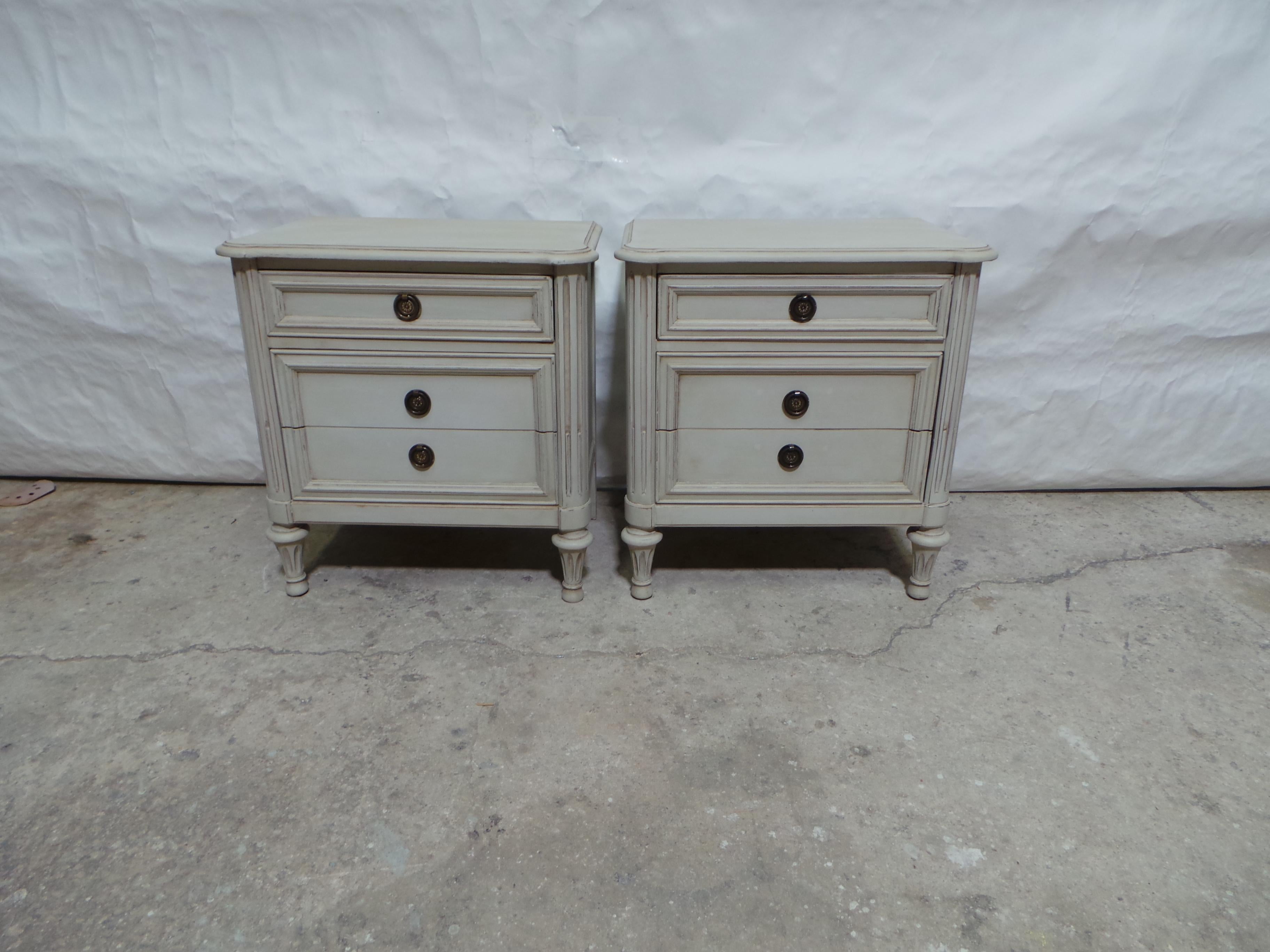 This is a unique set of Gustavian Style 3 Drawer Nightstands. They have been restored and repainted with Milk Paints 
