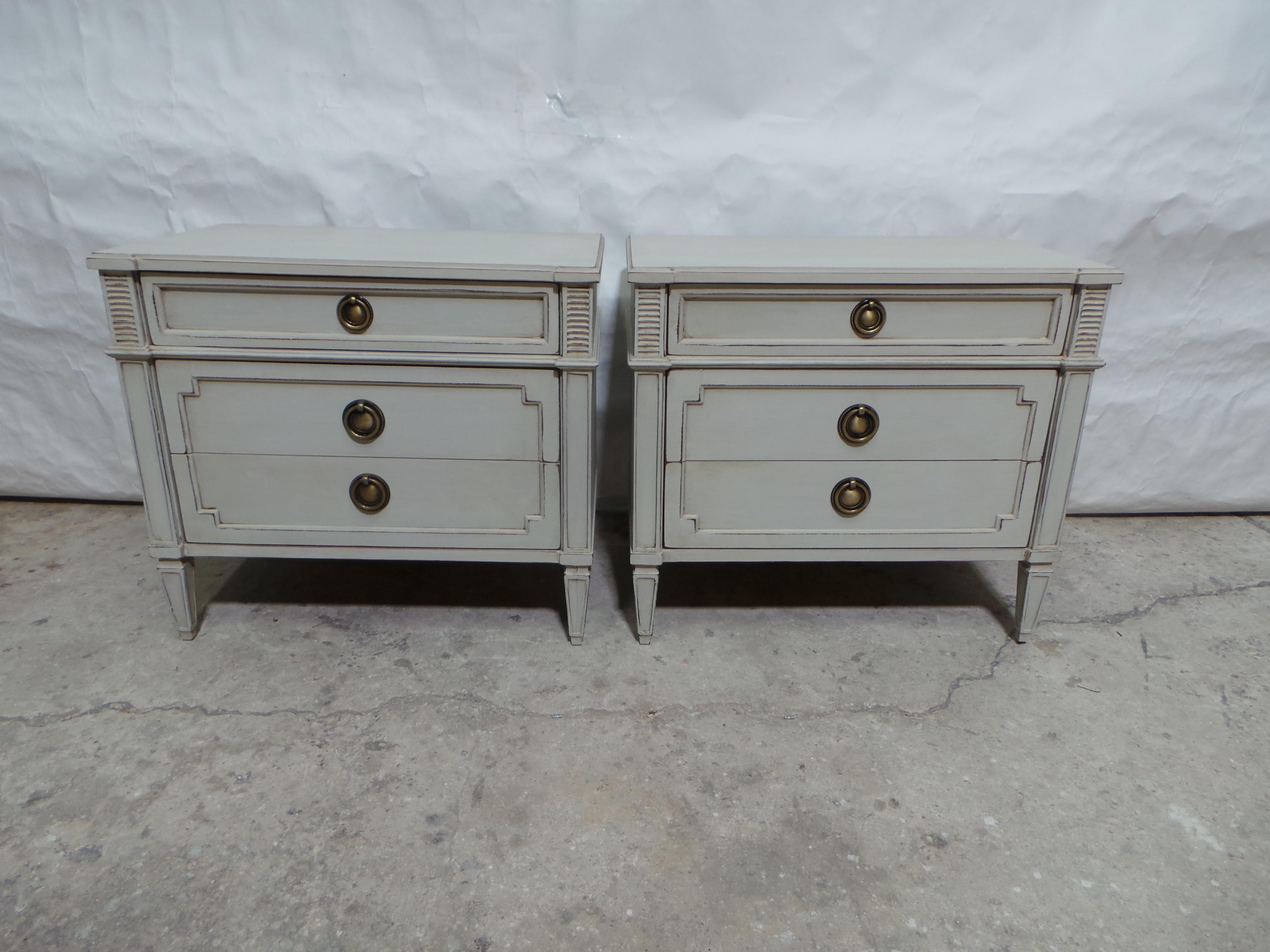 This is a unique set of 2 Gustavian Style 3 Drawer Nightstands. they have been restored and repainted with Milk Paints 