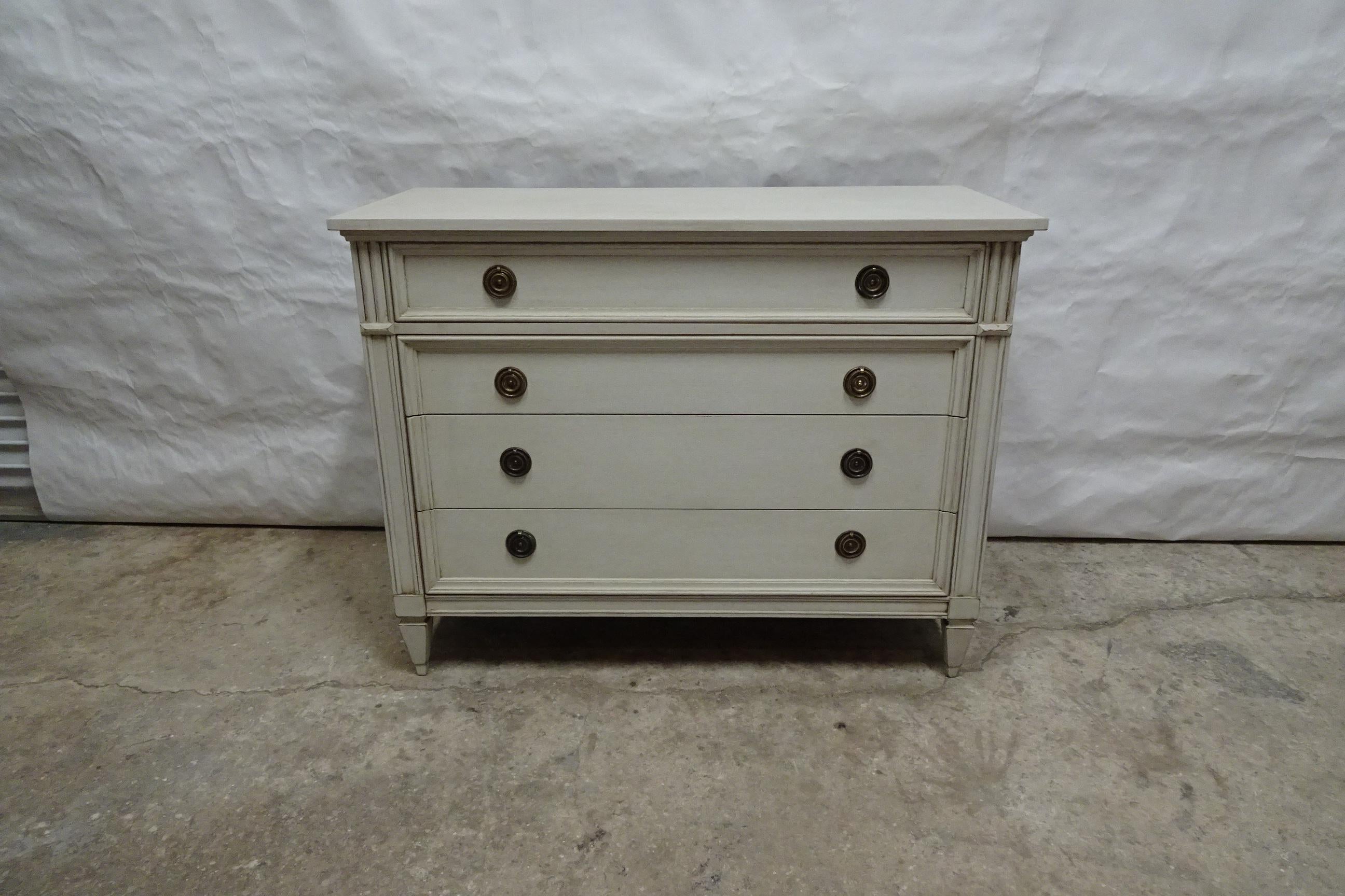 This is a unique Gustavian Style 4 Drawer Chest Of Drawers. Its been restored and repainted with Milk paints 