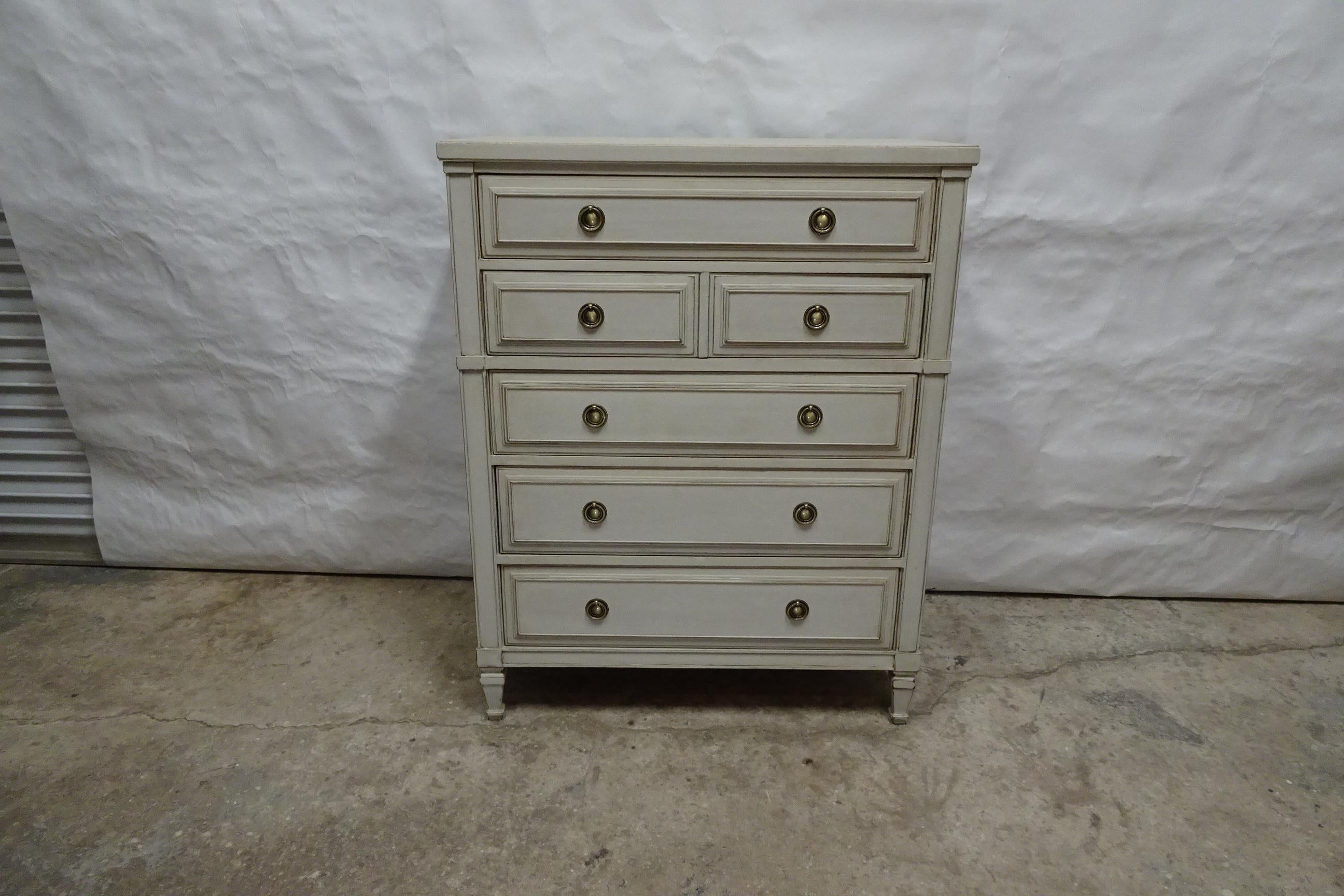 This is a unique Gustavian Style 5 Drawer Chest Of Drawers. its been restored and repainted with Milk paints 