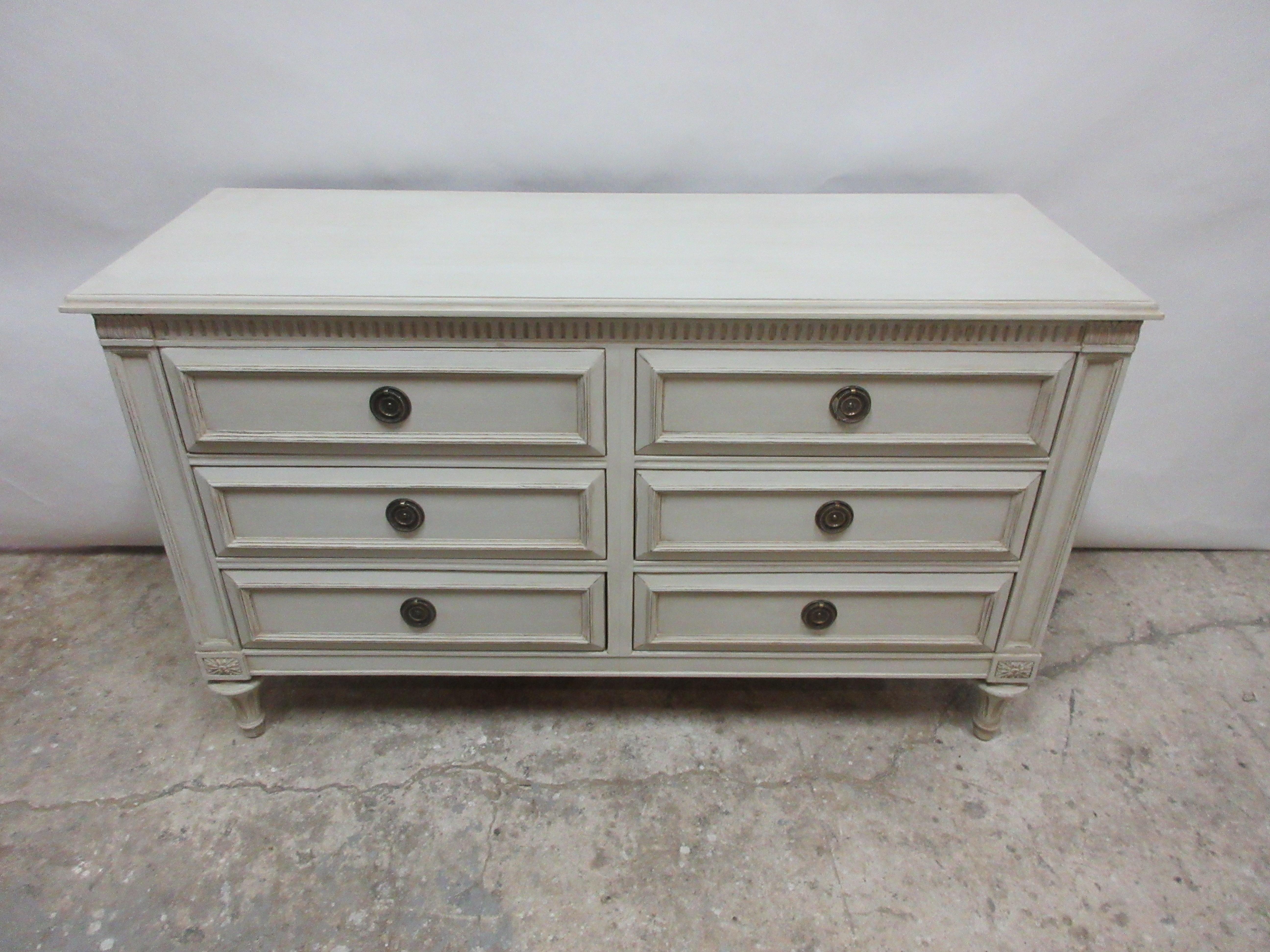 This is a Gustavian Style 6-drawer chest, it has been restored and repainted with milk paints 