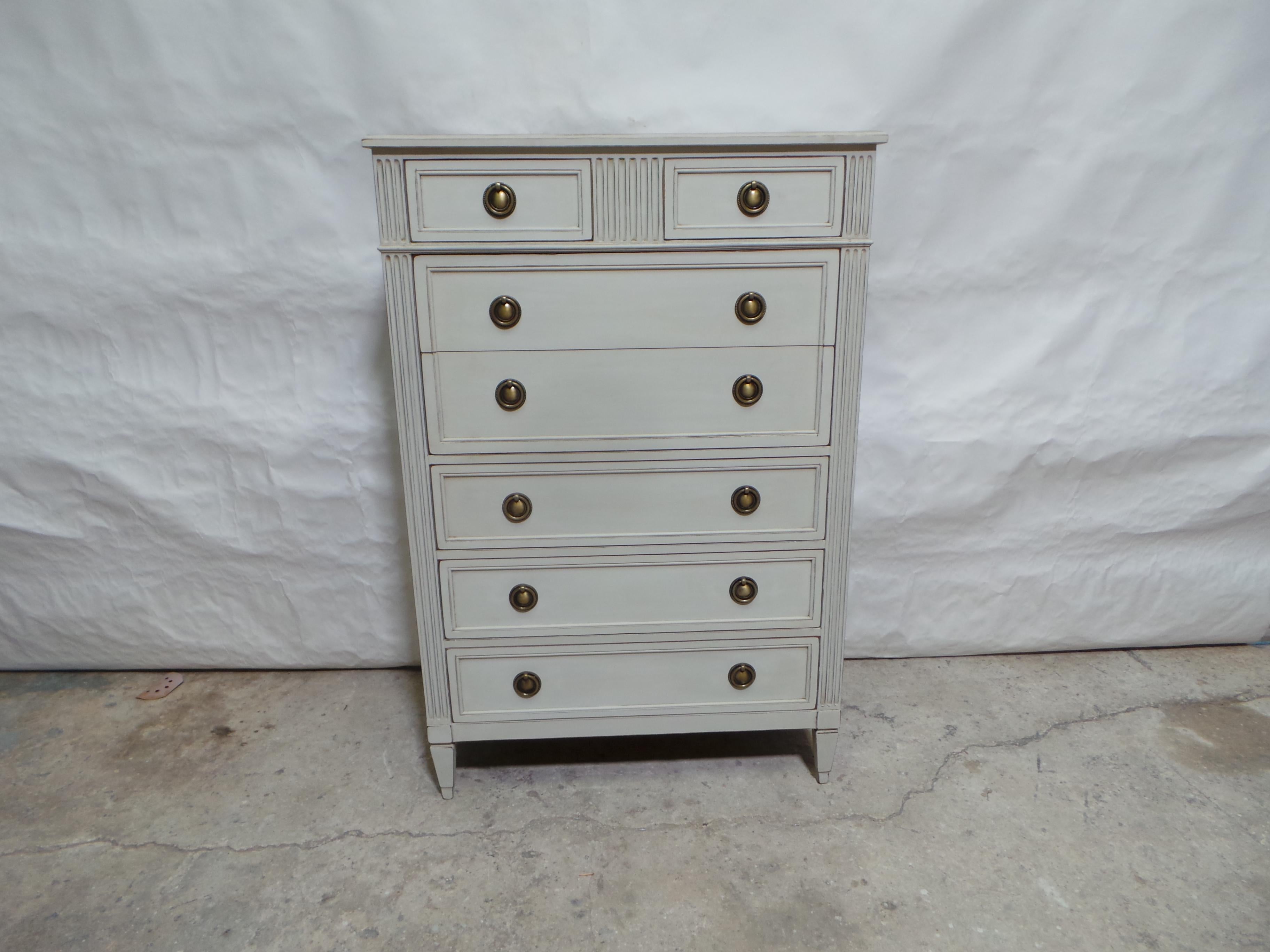 This is a unique Gustavian Style 6 Drawer Tall Chest. its been restored and repainted with Milk Paints 