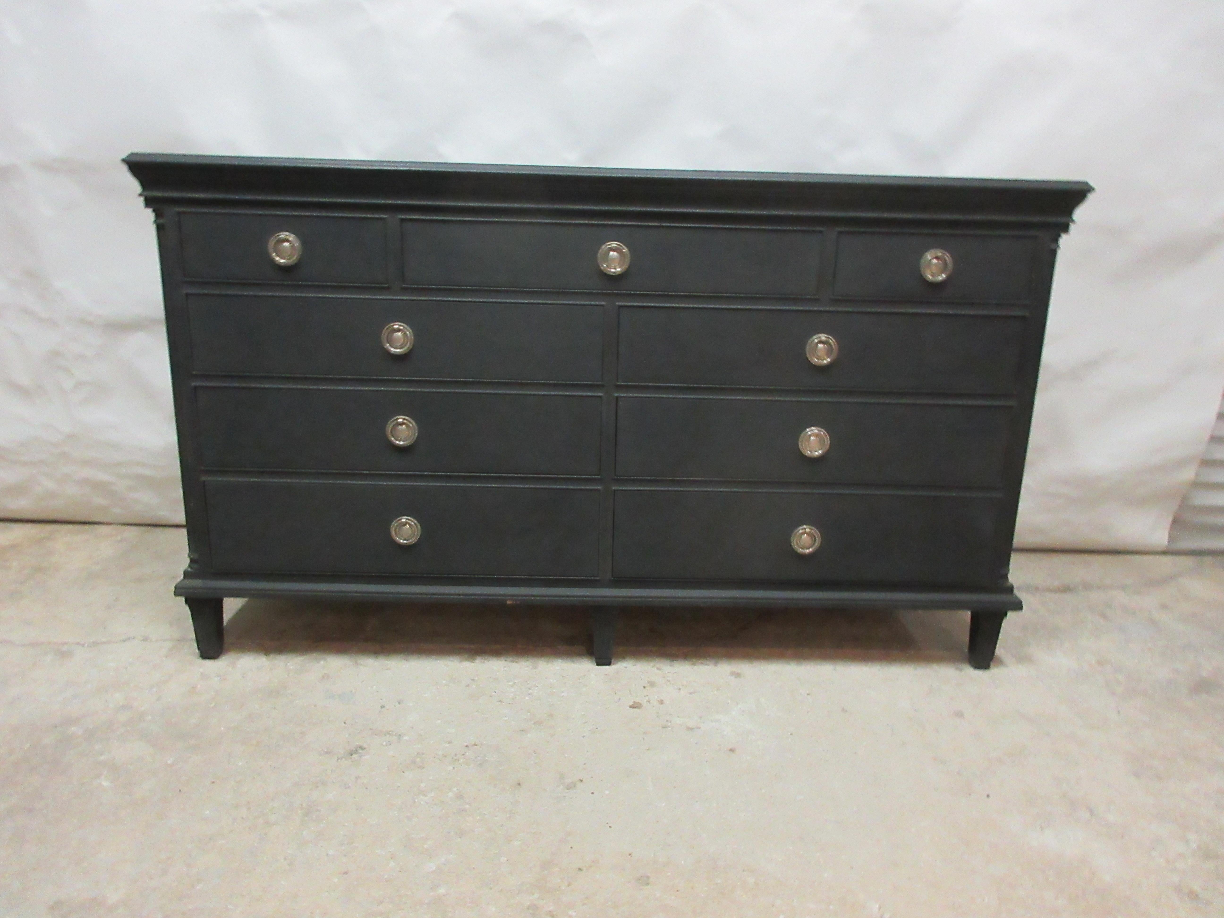 This is an unusual Gustavian style 9 drawer black dresser, its been restored and repainted with Milk Paints 