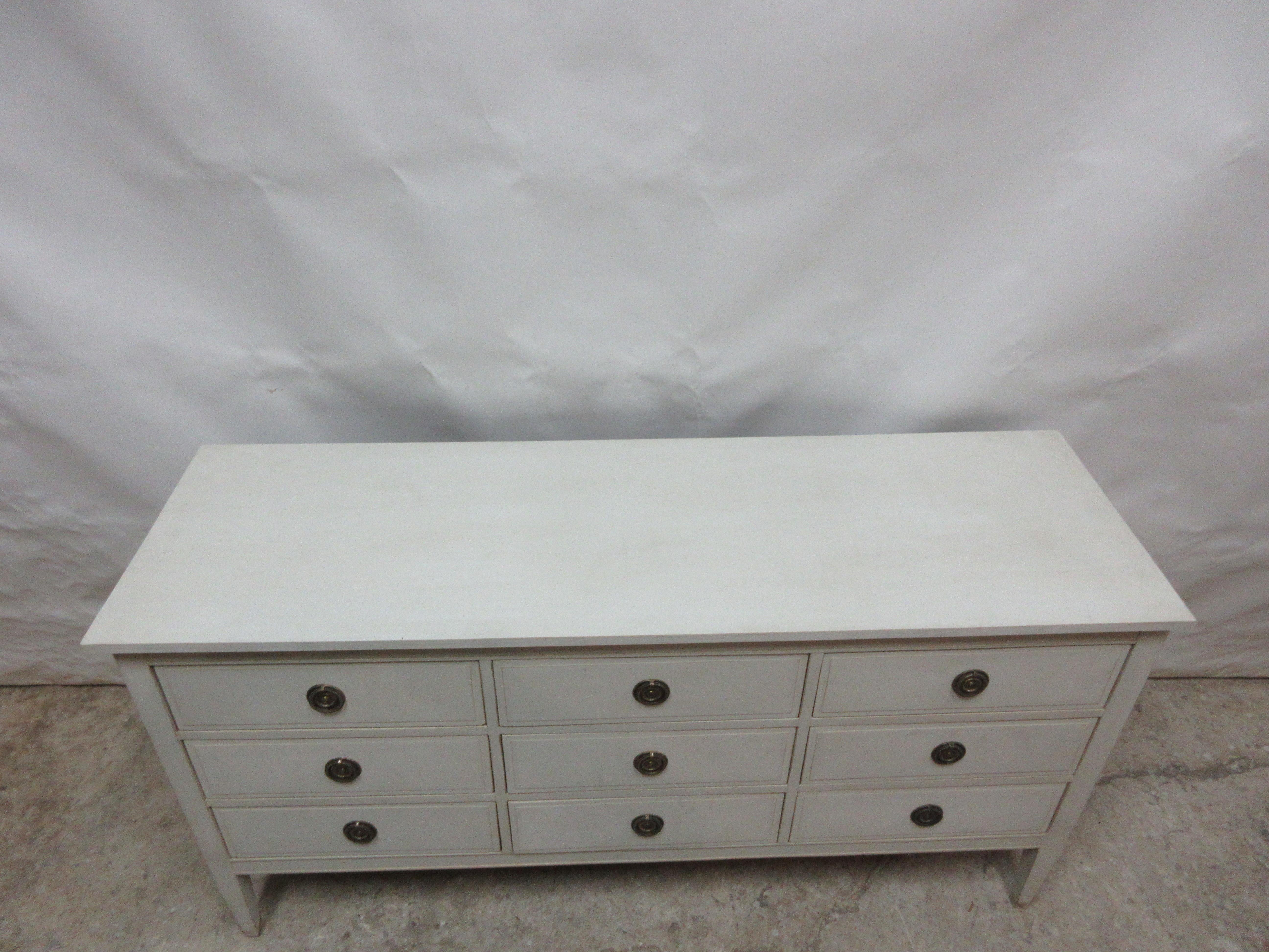 This is a Gustavian style 9 drawer dresser. Its been restored and repainted with Milk Paints 