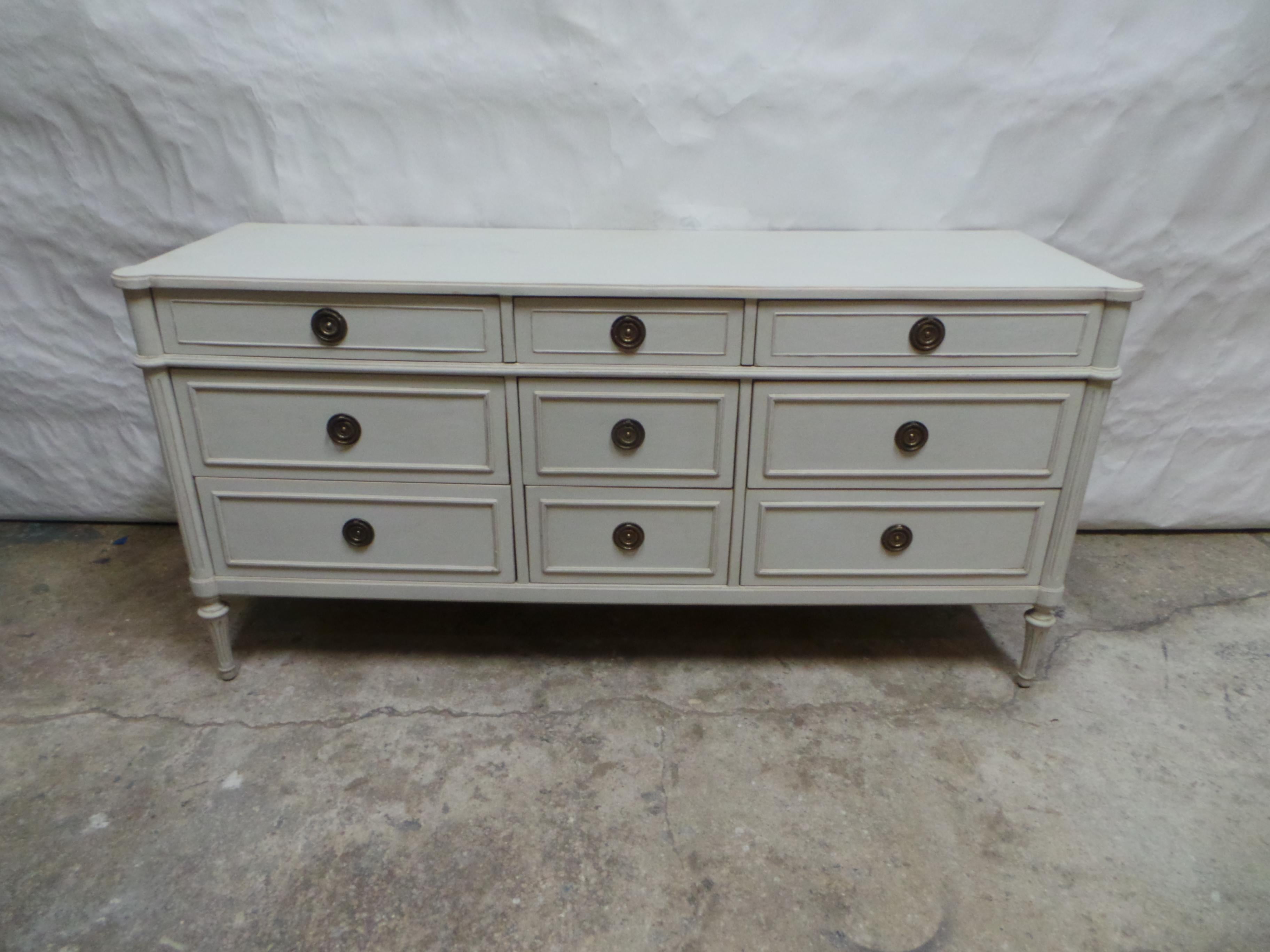 This is a Gustavian Style 9 Drawer Dresser. its been restored and repainted with Milk Paints 
