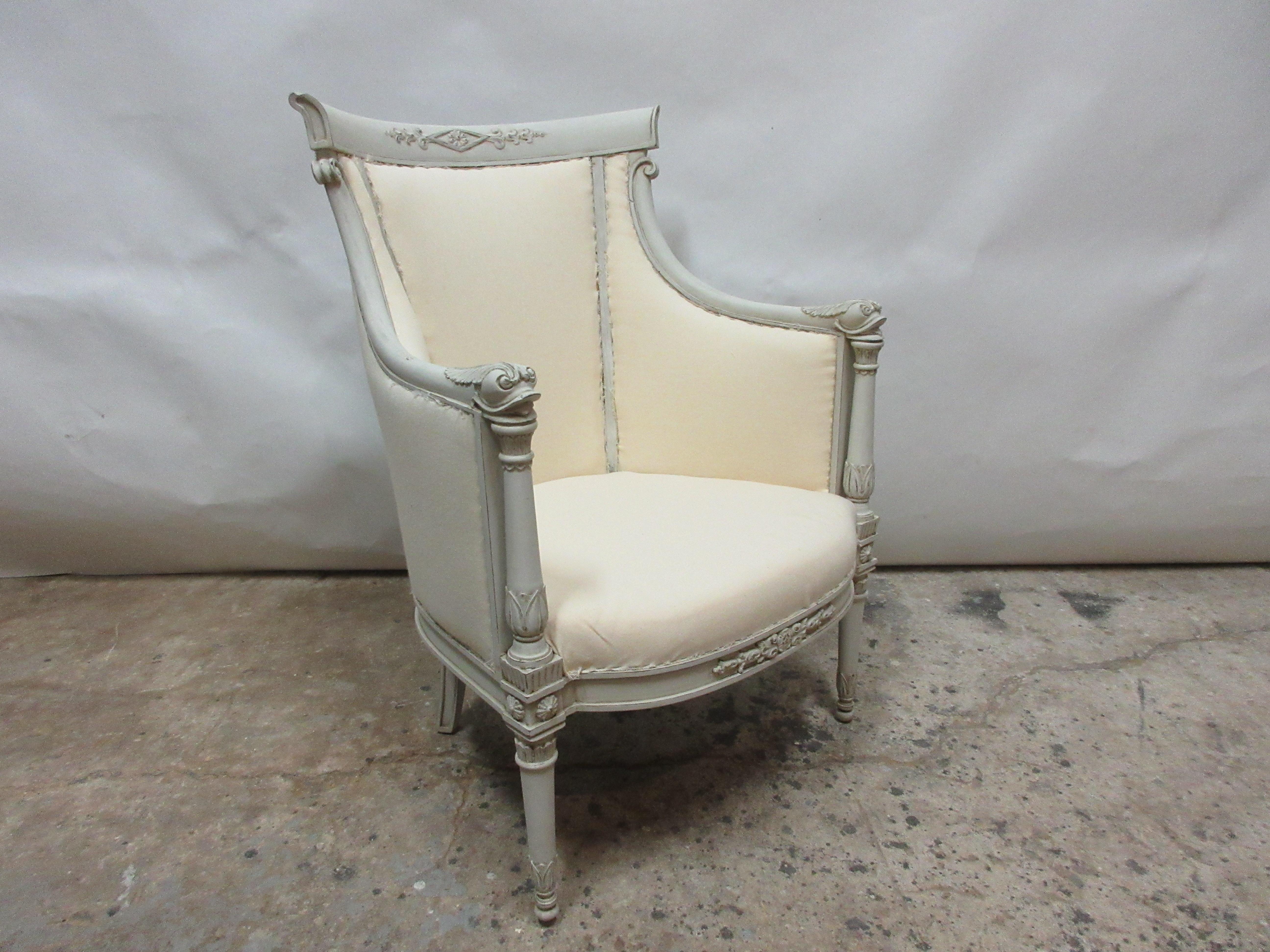 This is a Gustavian style barrel chair. It’s been restored and repainted with milk paints 