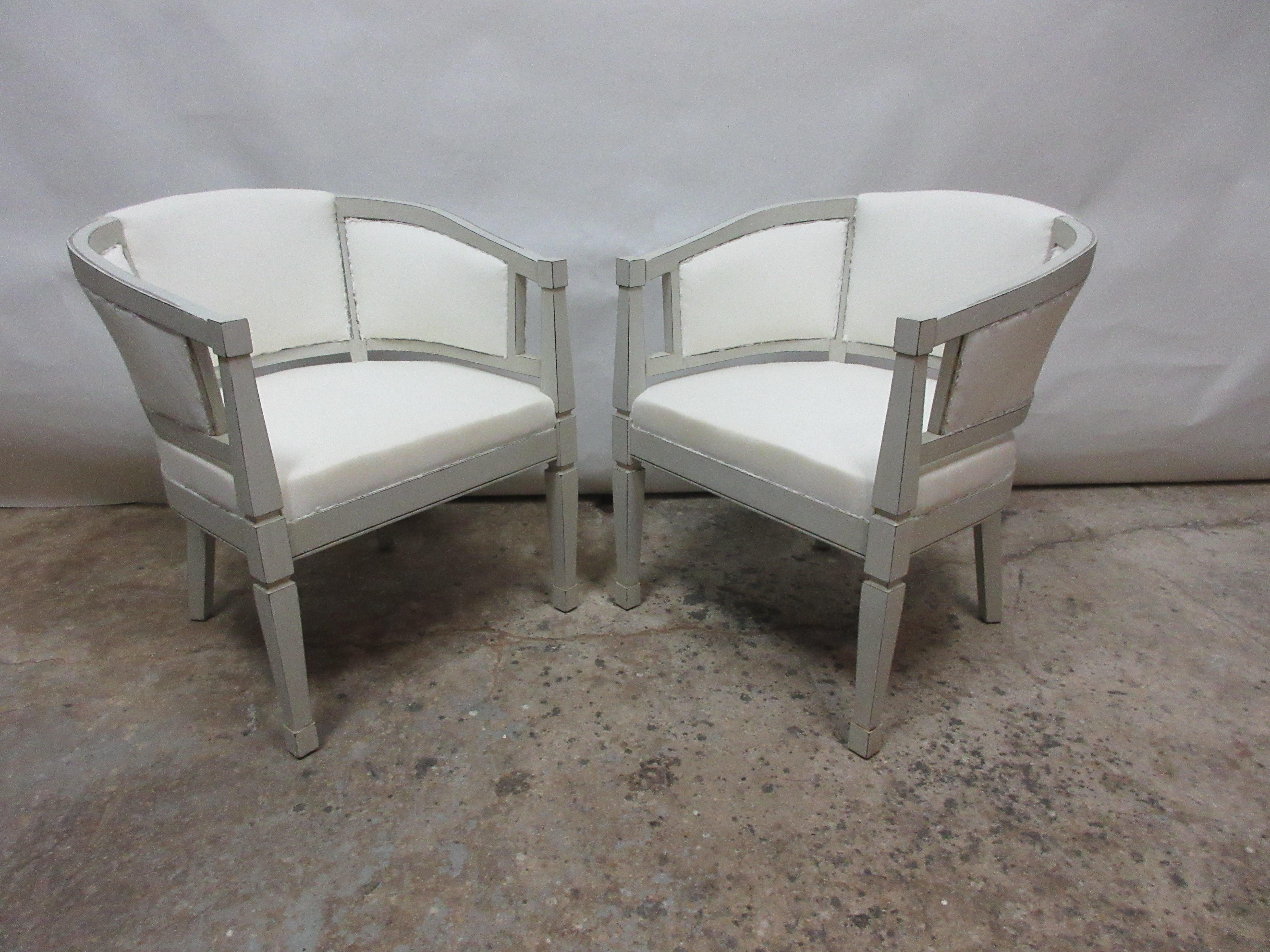 This is a set of 2 Gustavian style Barrel chairs. They have been restored and repainted with milk paints 