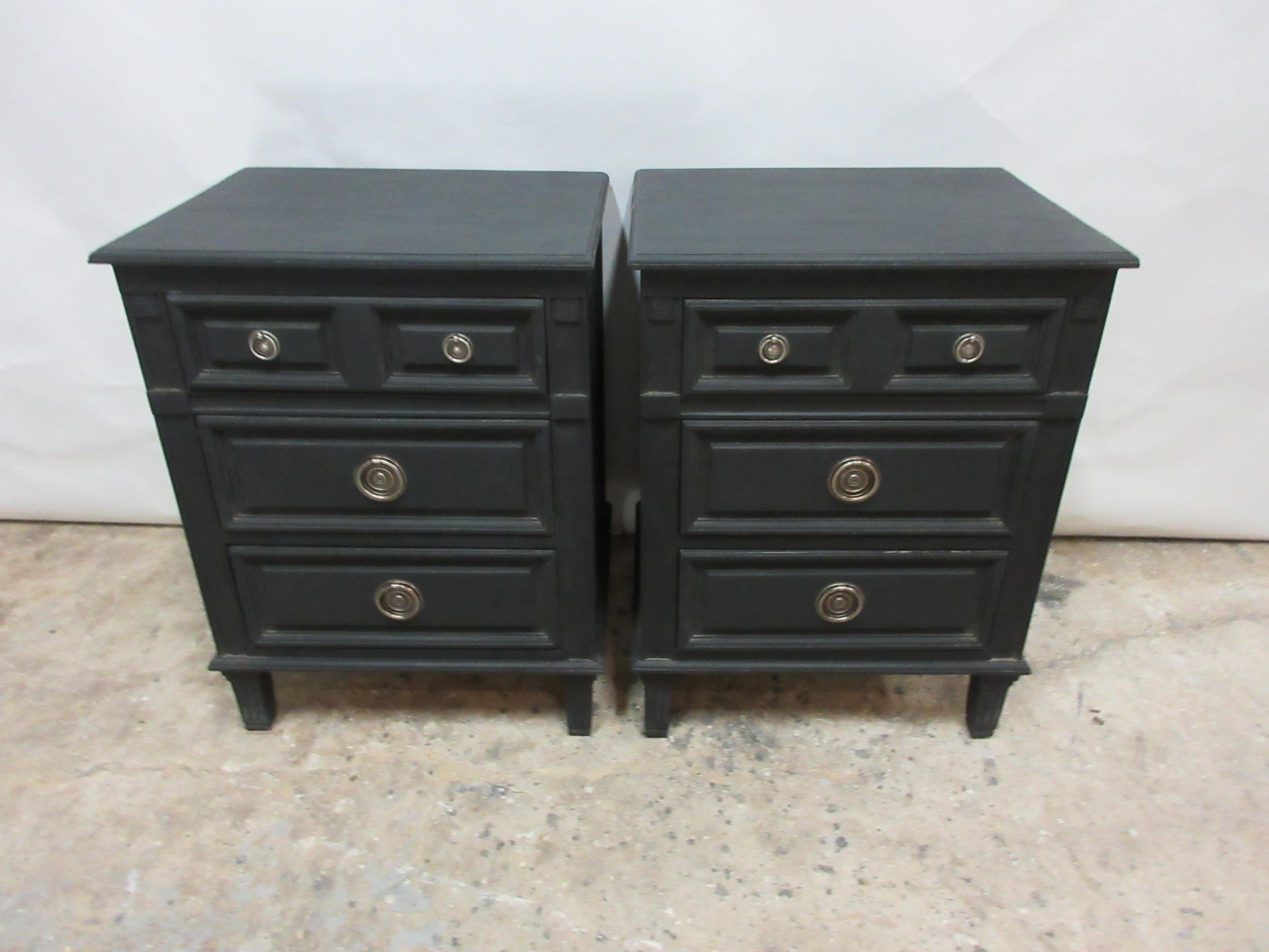 This is a set of 2 Gustavian style black nightstands. They have been restored and repainted with milk paints 