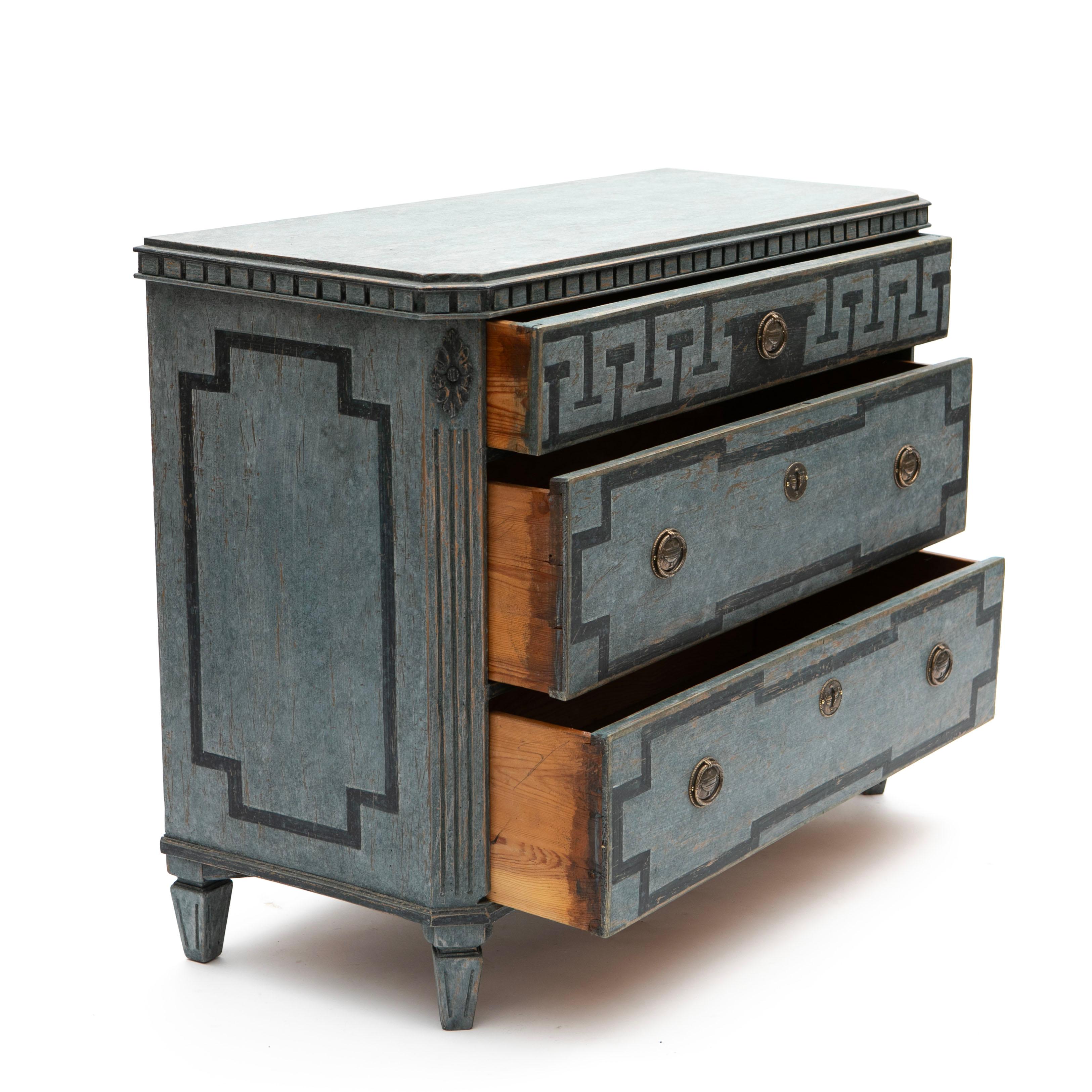Swedish Gustavian Style Blue Painted Chest of Drawers with Geometric Patterns